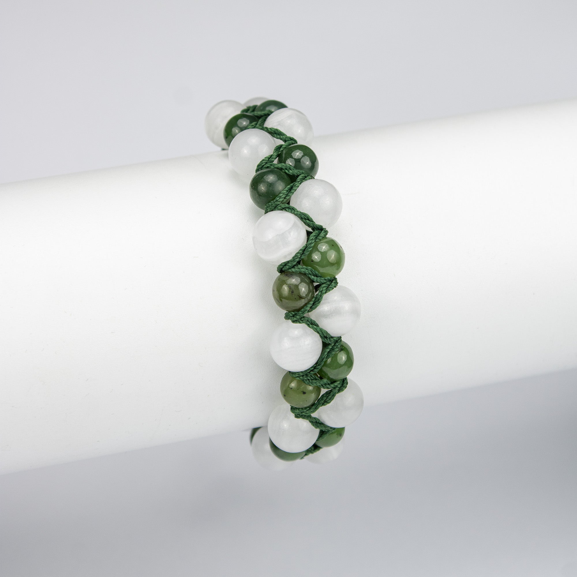 Natural Nephrite Jade & Calcite Woven Bracelet – Handmade Afghan Gemstone Beaded Bracelet – Green & White – Adjustable Free Size