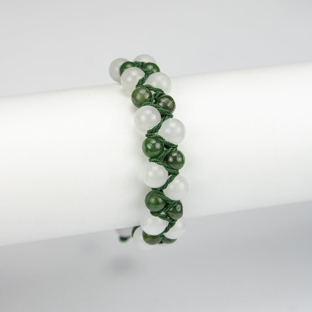 Natural Nephrite Jade & Calcite Woven Bracelet – Handmade Afghan Gemstone Beaded Bracelet – Green & White – Adjustable Free Size
