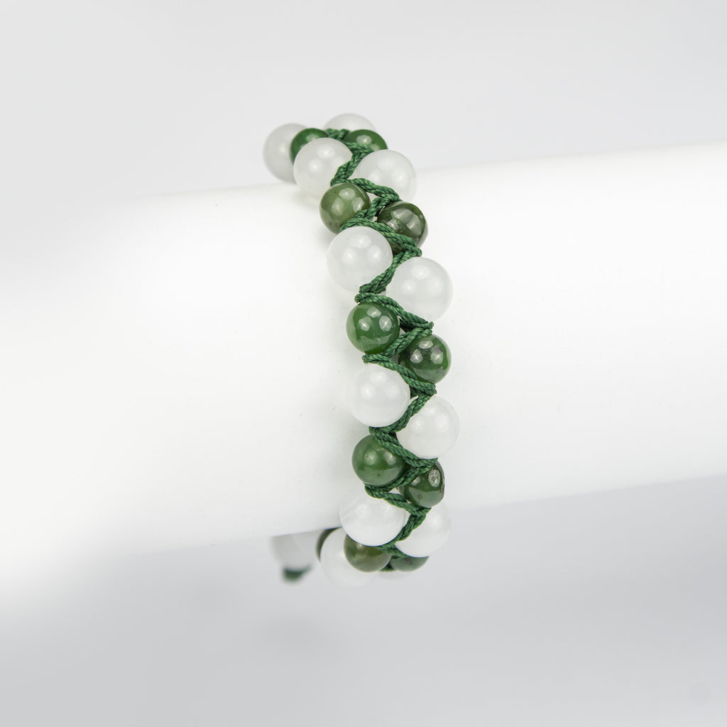 Natural Nephrite Jade & Calcite Woven Bracelet – Handmade Afghan Gemstone Beaded Bracelet – Green & White – Adjustable Free Size