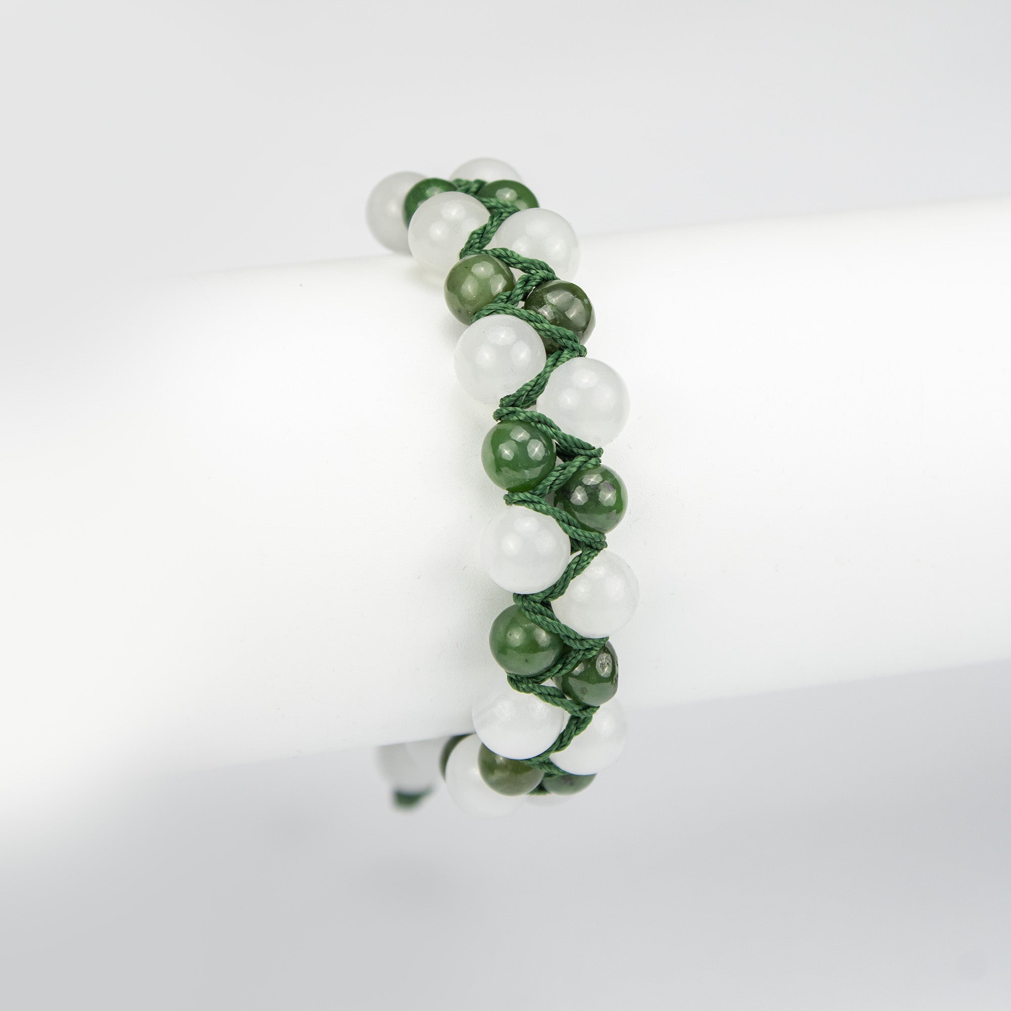 Natural Nephrite Jade & Calcite Woven Bracelet – Handmade Afghan Gemstone Beaded Bracelet – Green & White – Adjustable Free Size