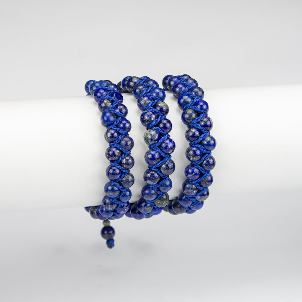 Natural Lapis Lazuli Woven Bracelet – Handmade Afghan Gemstone Beaded Bracelet with Pyrite – Adjustable Free Size