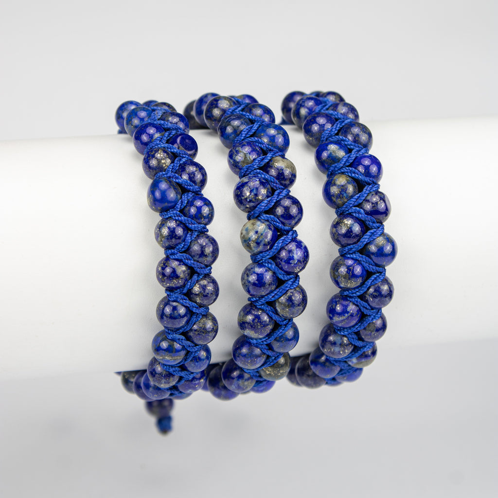 Natural Lapis Lazuli Woven Bracelet – Handmade Afghan Gemstone Beaded Bracelet with Pyrite – Adjustable Free Size