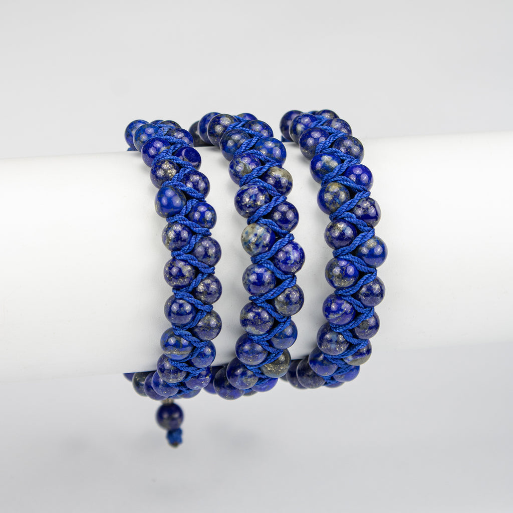 Natural Lapis Lazuli Woven Bracelet – Handmade Afghan Gemstone Beaded Bracelet with Pyrite – Adjustable Free Size