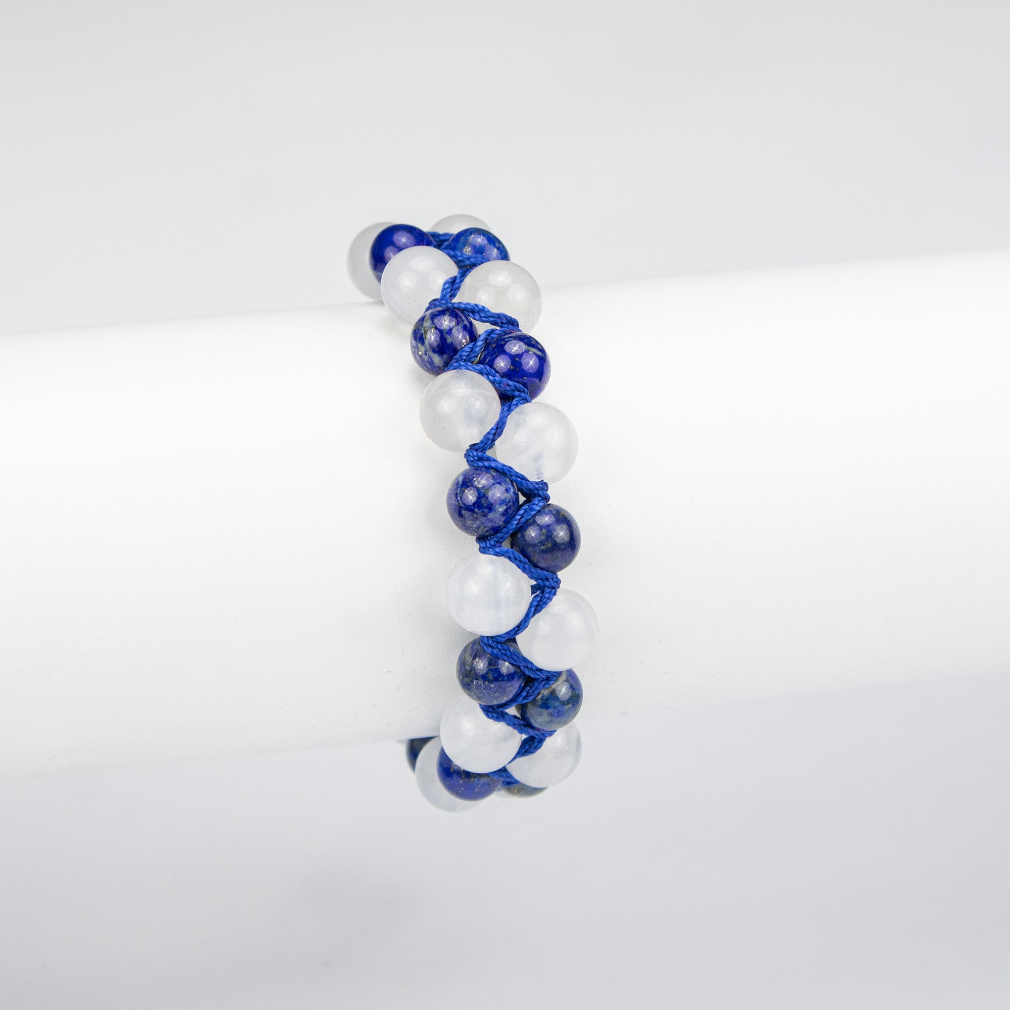 Natural Lapis Lazuli & White Calcite Woven Bracelet – Handmade Afghan Gemstone Beaded Bracelet – Blue & White – Adjustable Free Size