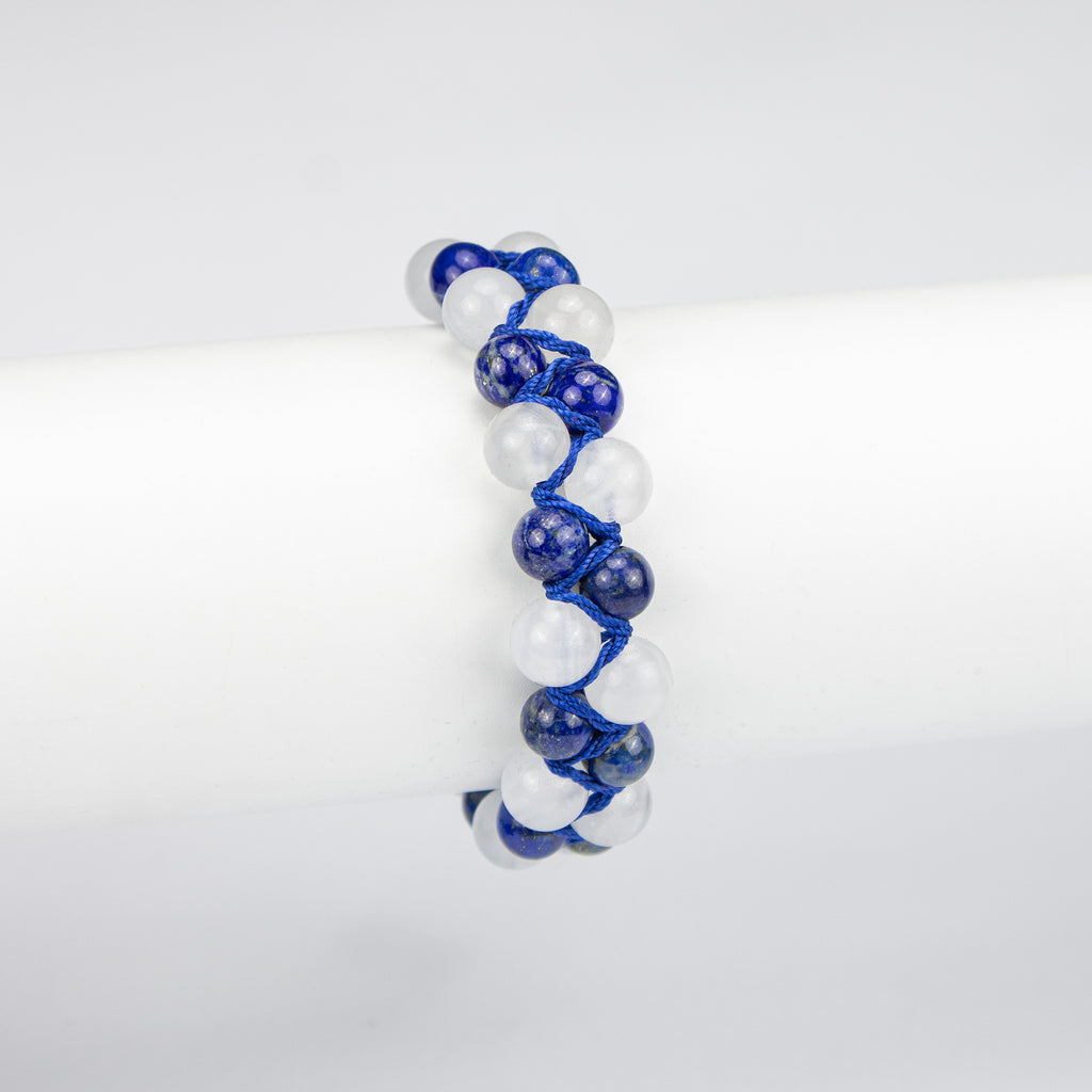 Natural Lapis Lazuli & White Calcite Woven Bracelet – Handmade Afghan Gemstone Beaded Bracelet – Blue & White – Adjustable Free Size