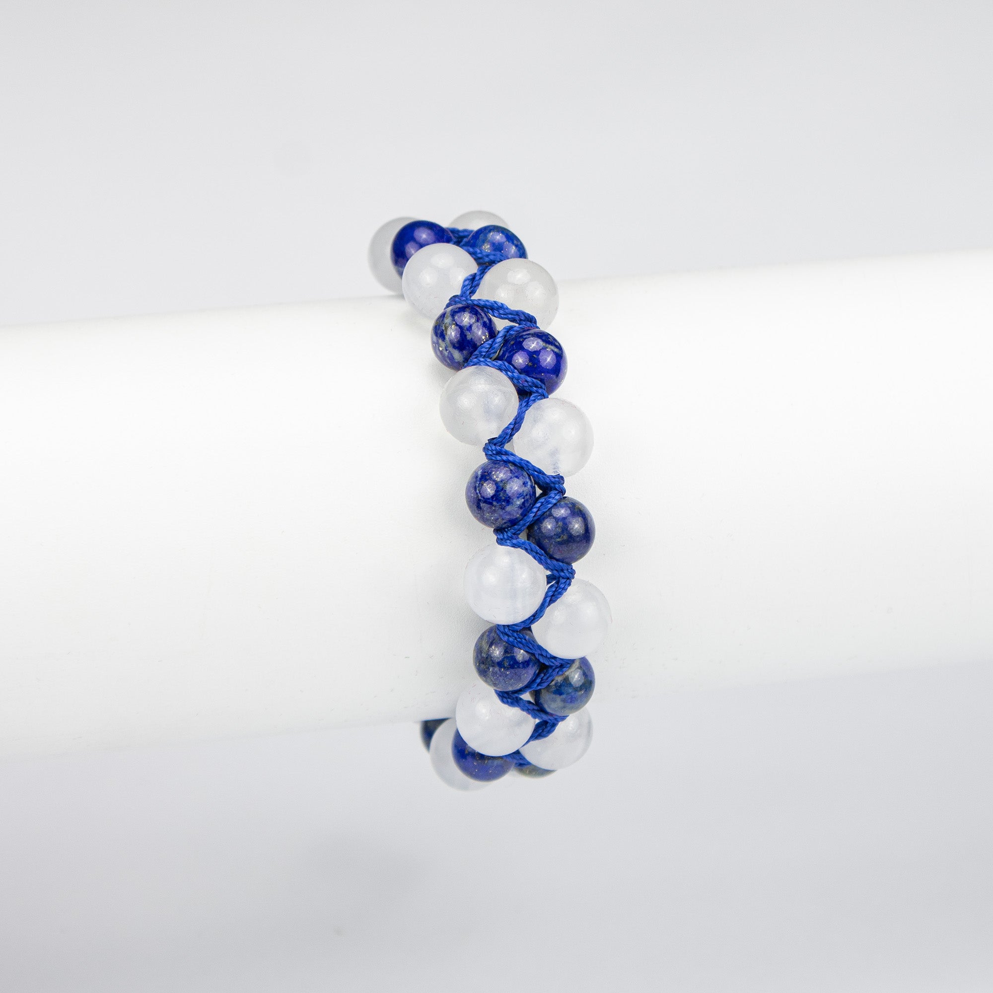 Natural Lapis Lazuli & White Calcite Woven Bracelet – Handmade Afghan Gemstone Beaded Bracelet – Blue & White – Adjustable Free Size