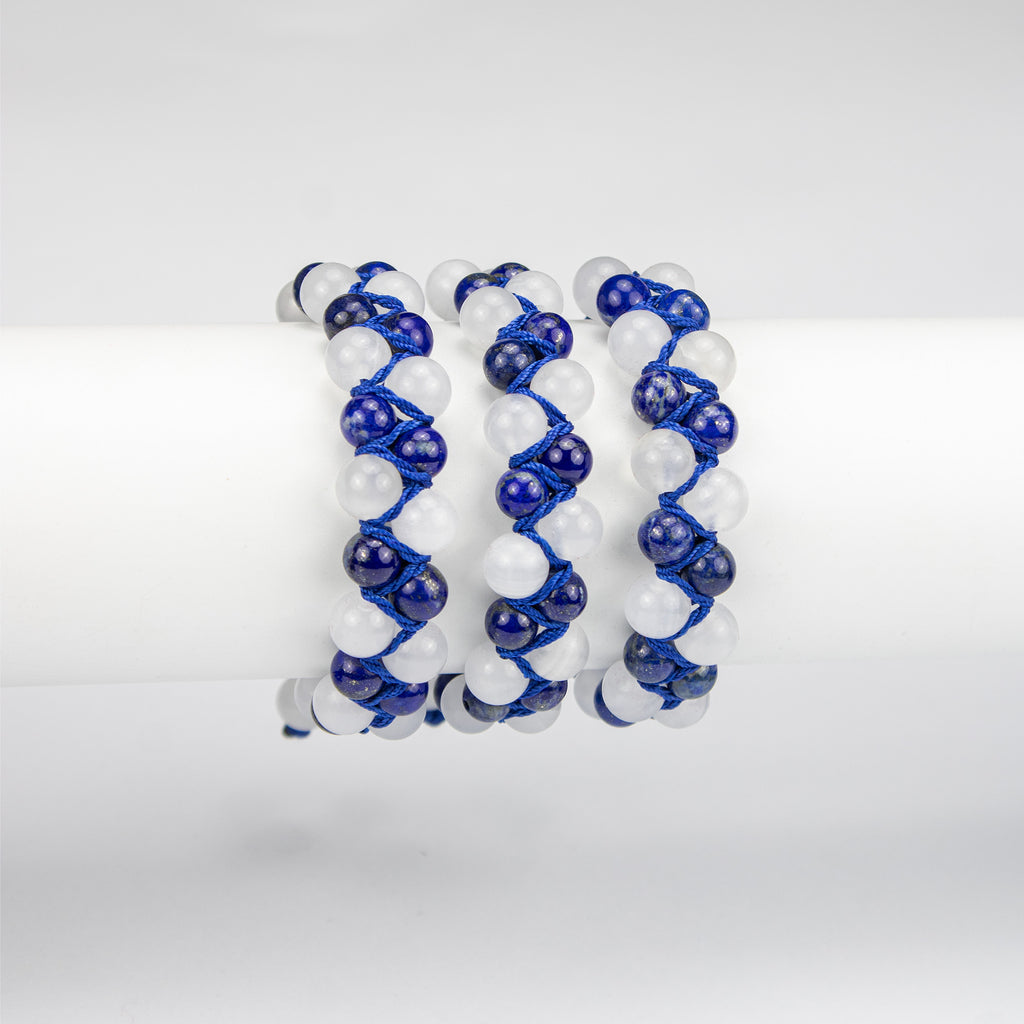Natural Lapis Lazuli & White Calcite Woven Bracelet – Handmade Afghan Gemstone Beaded Bracelet – Blue & White – Adjustable Free Size