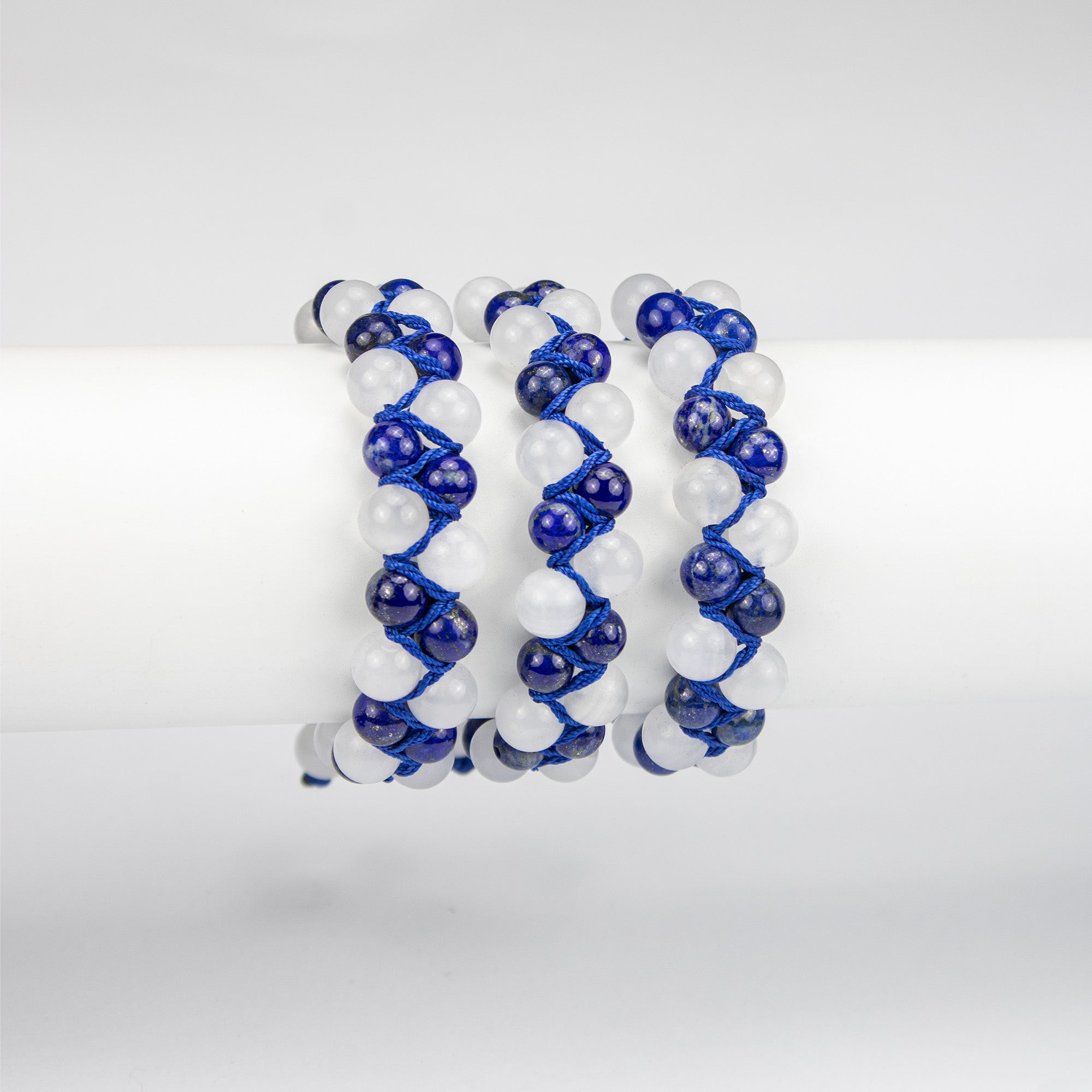 Natural Lapis Lazuli & White Calcite Woven Bracelet – Handmade Afghan Gemstone Beaded Bracelet – Blue & White – Adjustable Free Size