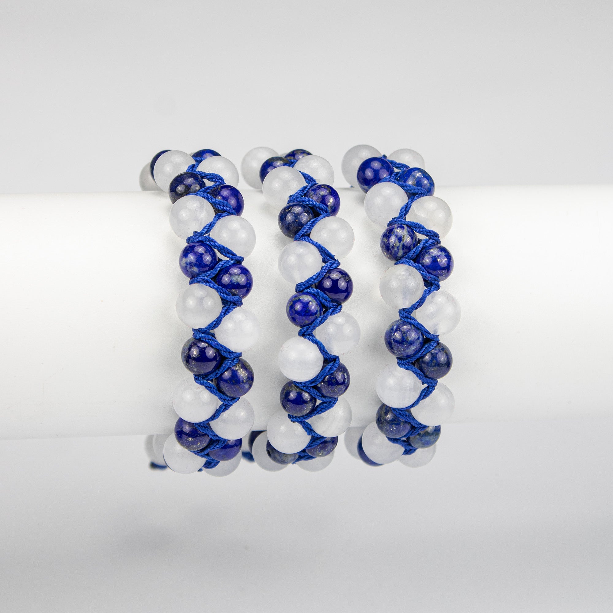 Natural Lapis Lazuli & White Calcite Woven Bracelet – Handmade Afghan Gemstone Beaded Bracelet – Blue & White – Adjustable Free Size