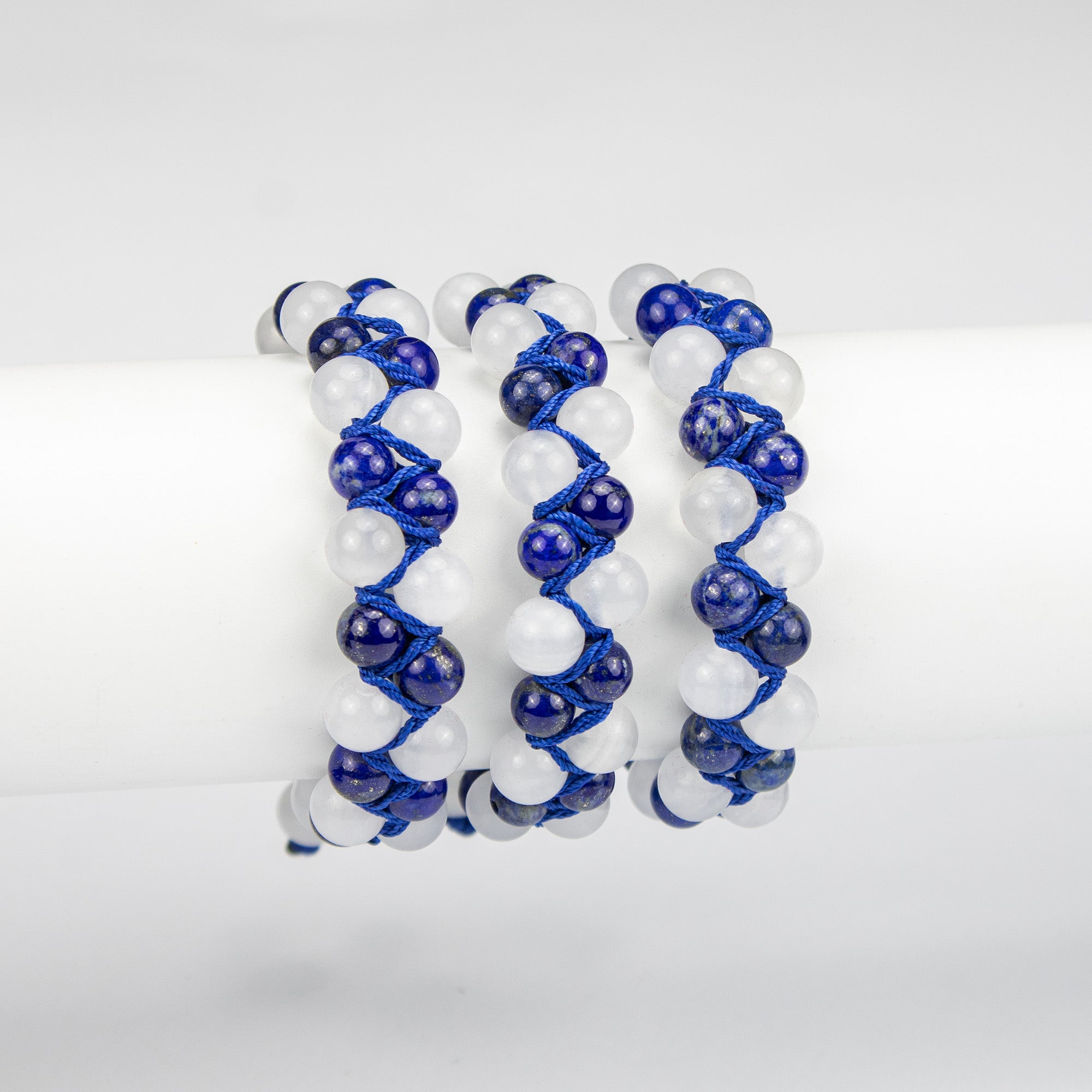 Natural Lapis Lazuli & White Calcite Woven Bracelet – Handmade Afghan Gemstone Beaded Bracelet – Blue & White – Adjustable Free Size