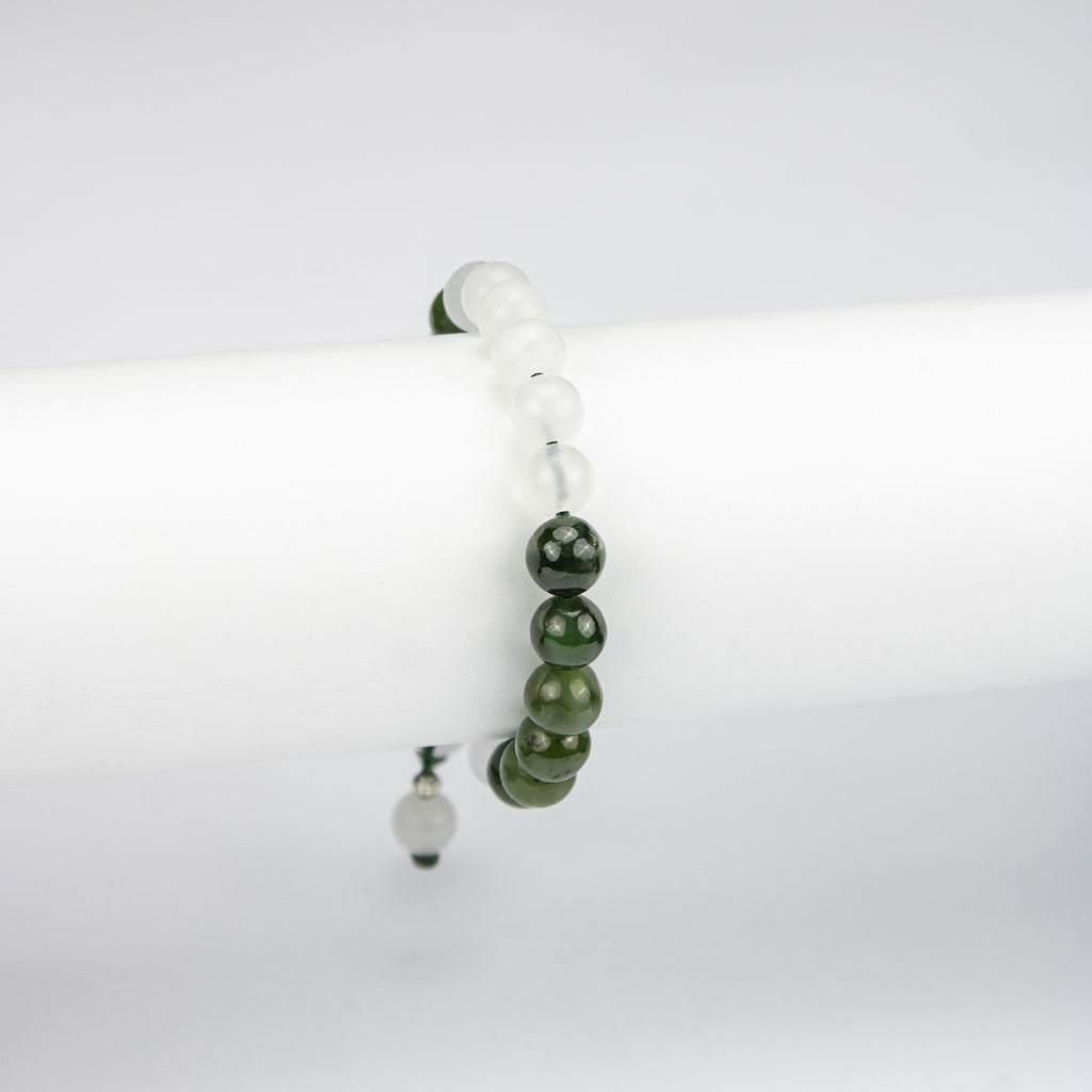 Natural Nephrite Jade & White Calcite Beaded Bracelet – Handmade Afghan Gemstone Bracelet – Green & White – Adjustable Free Size