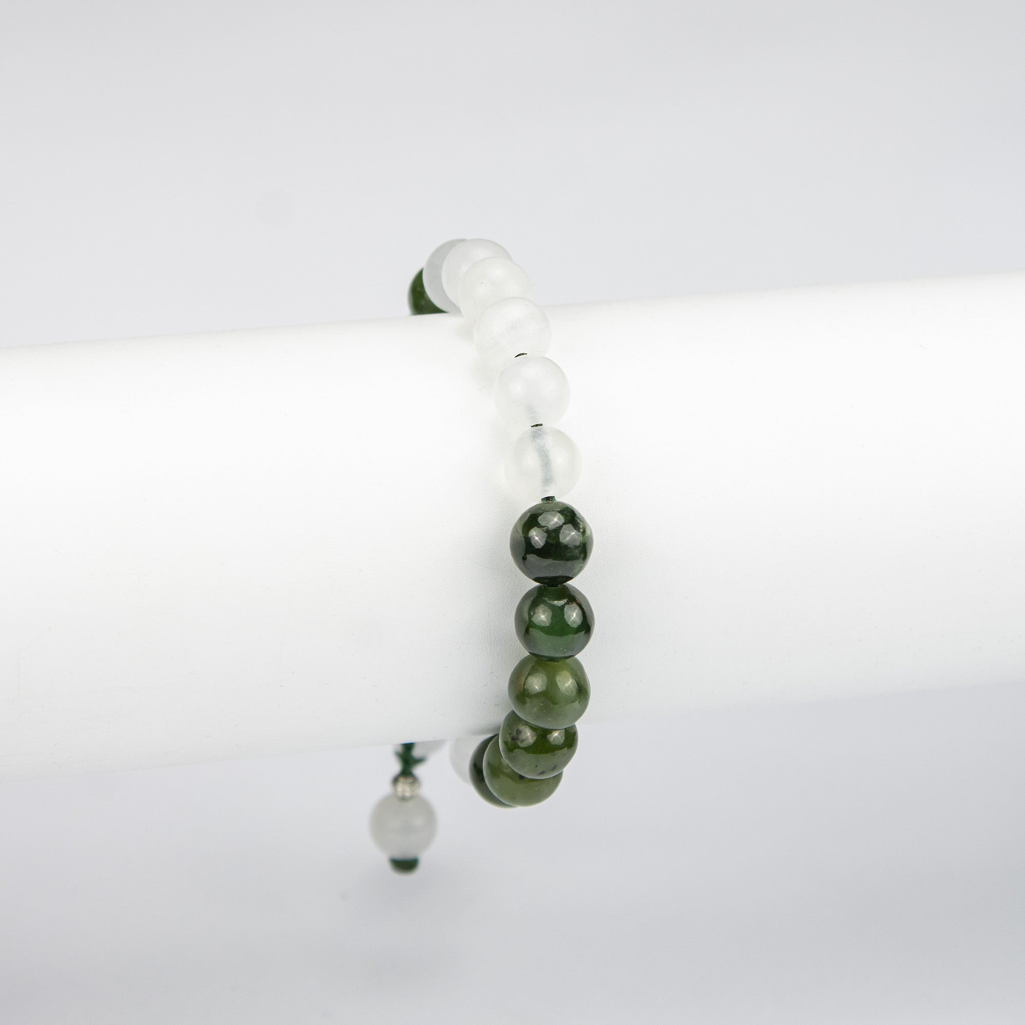 Natural Nephrite Jade & White Calcite Beaded Bracelet – Handmade Afghan Gemstone Bracelet – Green & White – Adjustable Free Size