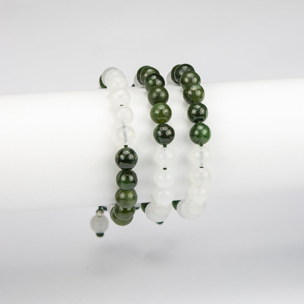 Natural Nephrite Jade & White Calcite Beaded Bracelet – Handmade Afghan Gemstone Bracelet – Green & White – Adjustable Free Size