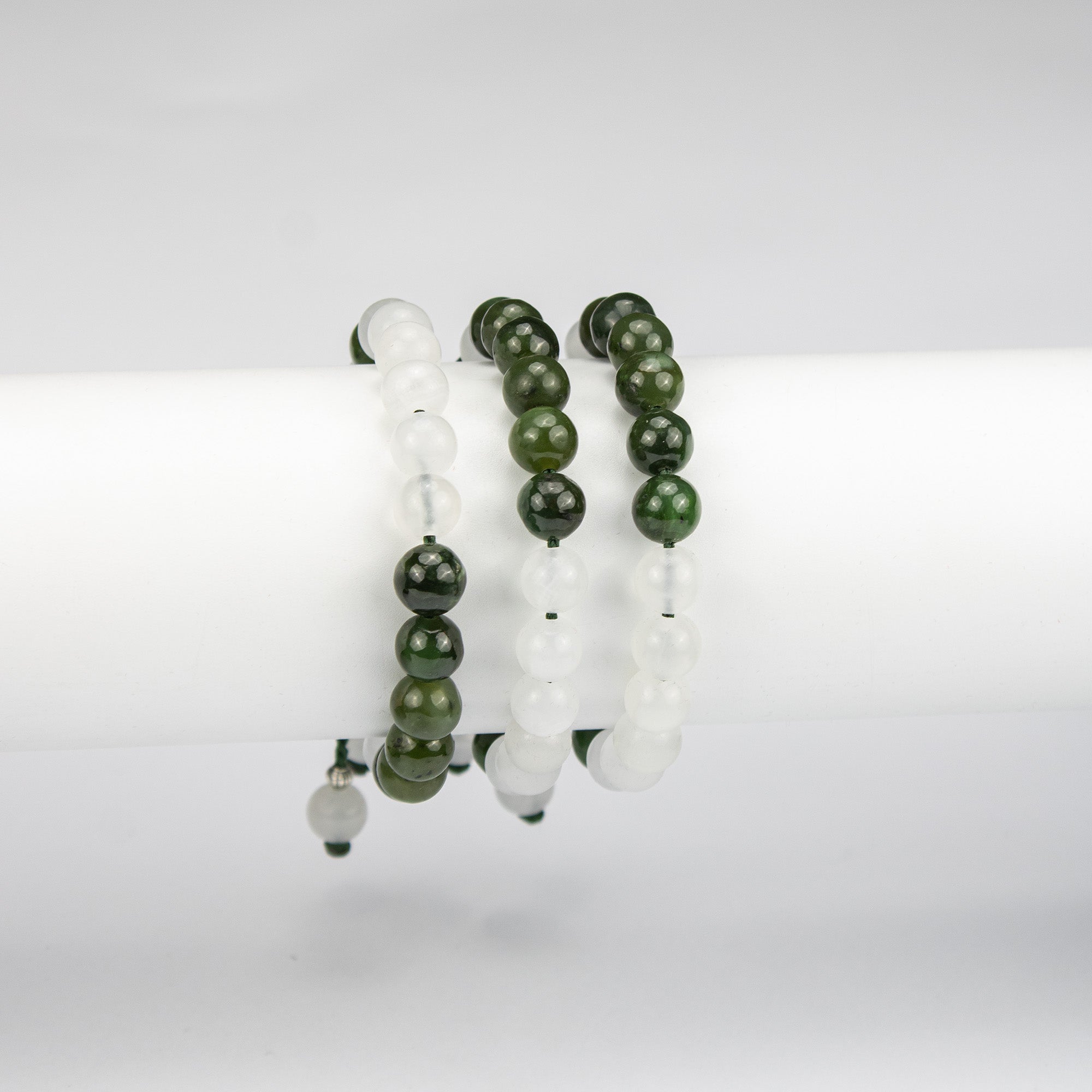 Natural Nephrite Jade & White Calcite Beaded Bracelet – Handmade Afghan Gemstone Bracelet – Green & White – Adjustable Free Size