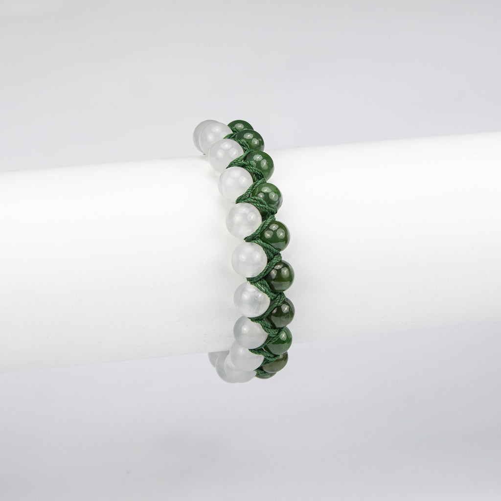 Natural Nephrite Jade & Calcite Bracelet – Afghan Handmade Gemstone Jewelry – Green & White Beads – Adjustable Free Size