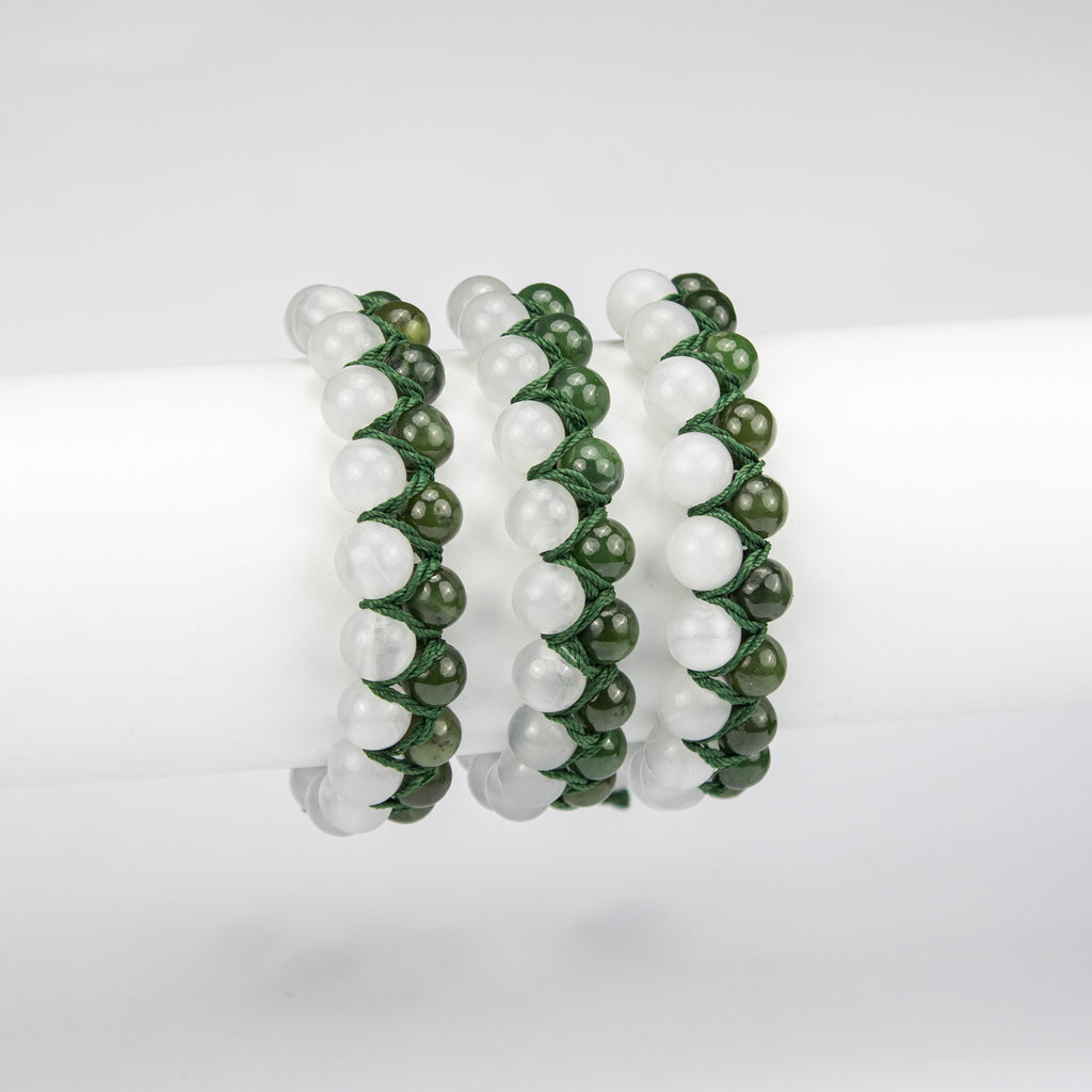 Natural Nephrite Jade & Calcite Bracelet – Afghan Handmade Gemstone Jewelry – Green & White Beads – Adjustable Free Size