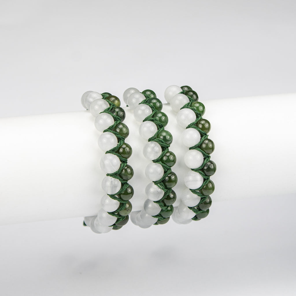 Natural Nephrite Jade & Calcite Bracelet – Afghan Handmade Gemstone Jewelry – Green & White Beads – Adjustable Free Size