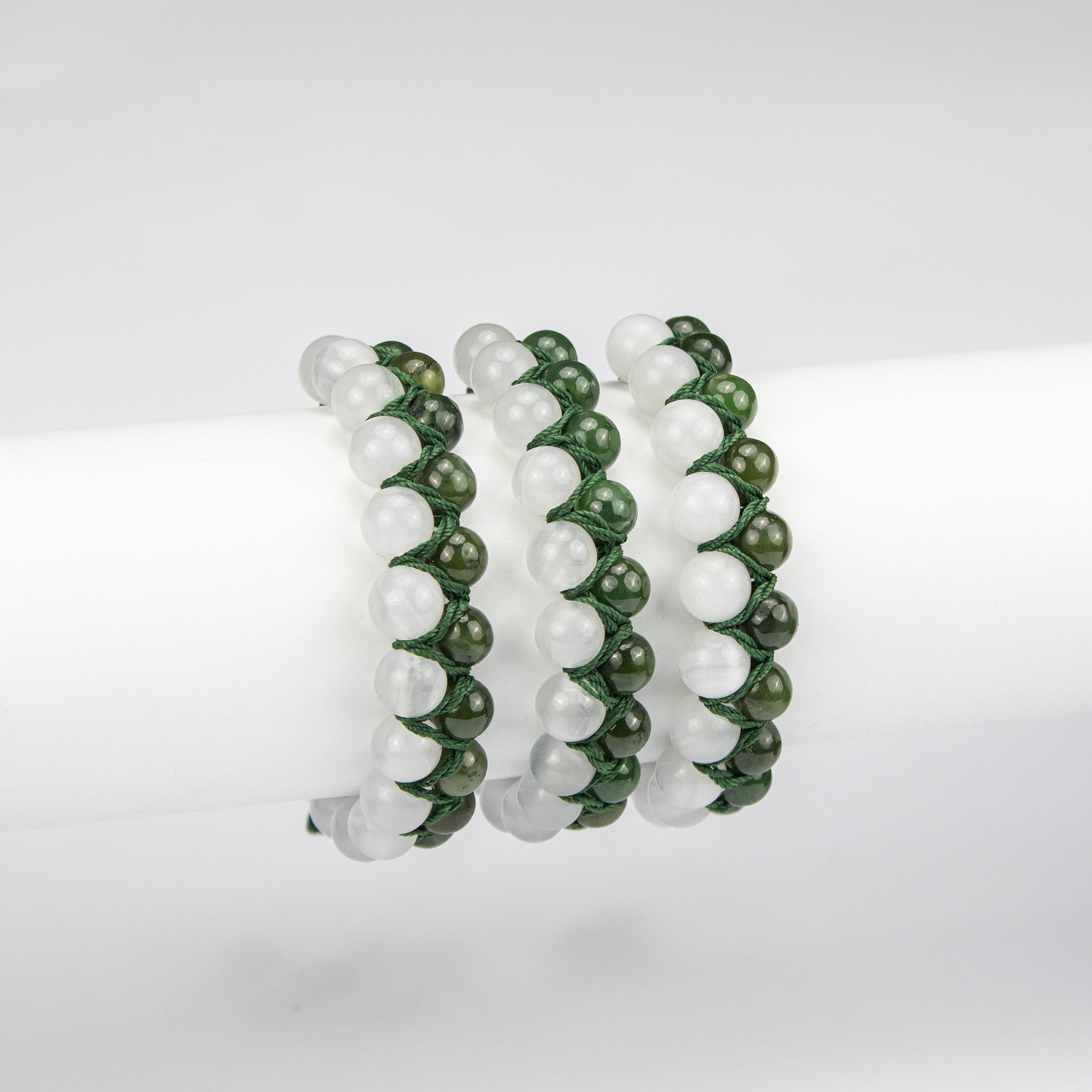 Natural Nephrite Jade & Calcite Bracelet – Afghan Handmade Gemstone Jewelry – Green & White Beads – Adjustable Free Size