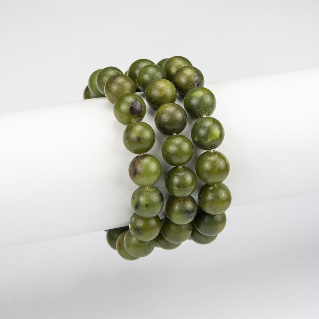 Natural Serpentine Beaded Bracelet – Handmade Afghan Green Gemstone Bracelet – Round Beads – Adjustable Free Size