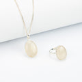 Afghan White Agate Jewelry Set in 925 Silver – Oval Pendant & Ring Set – Size 18 mm