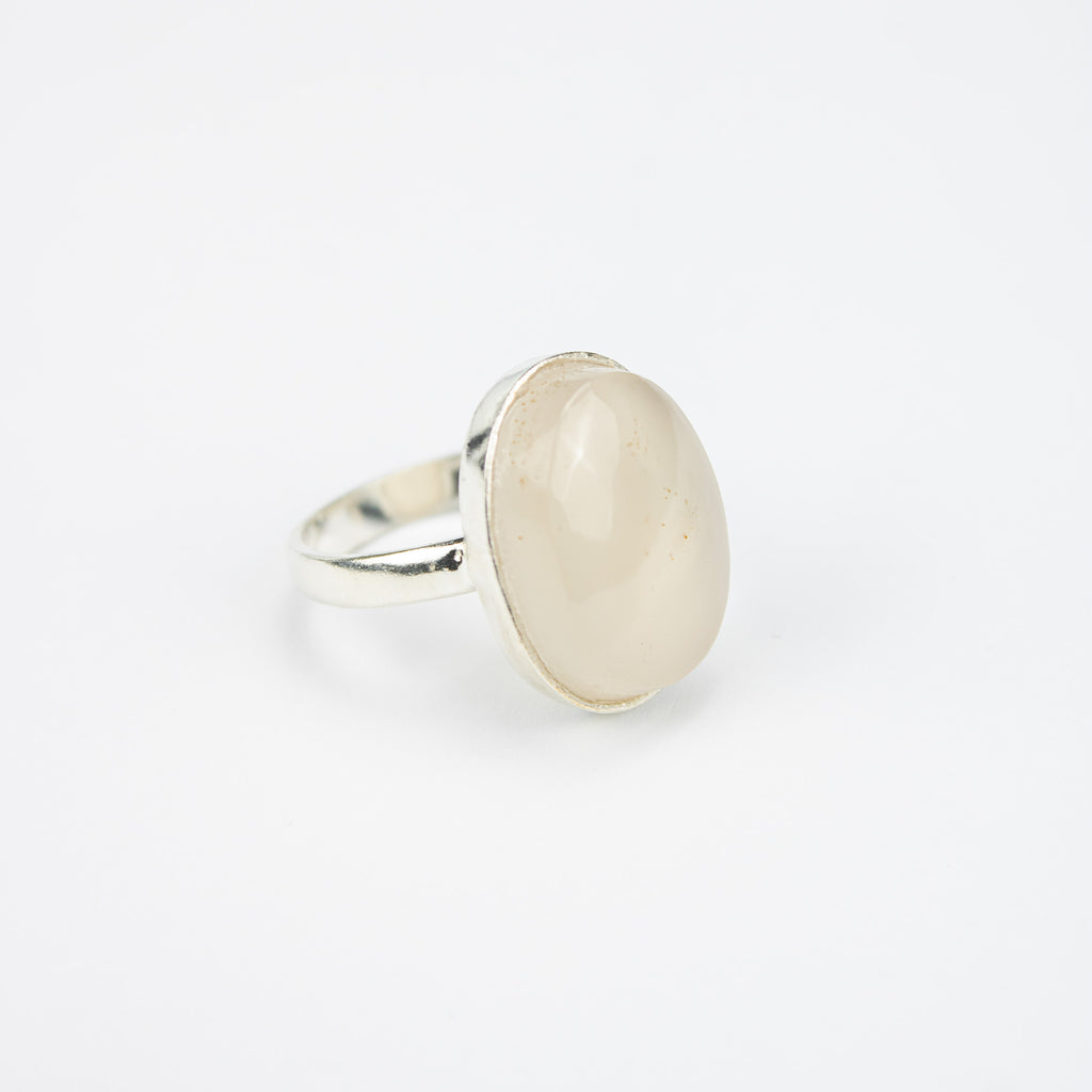 Afghan White Agate Jewelry Set in 925 Silver – Oval Pendant & Ring Set – Size 18 mm