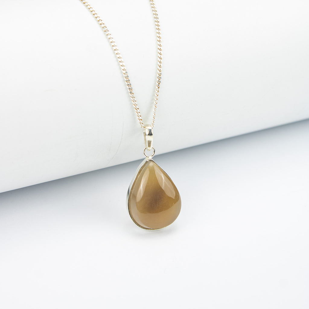 Afghan Champagne Brown Agate Jewelry Set in 925 Silver – Teardrop Pendant & Ring Set – Size 18 mm
