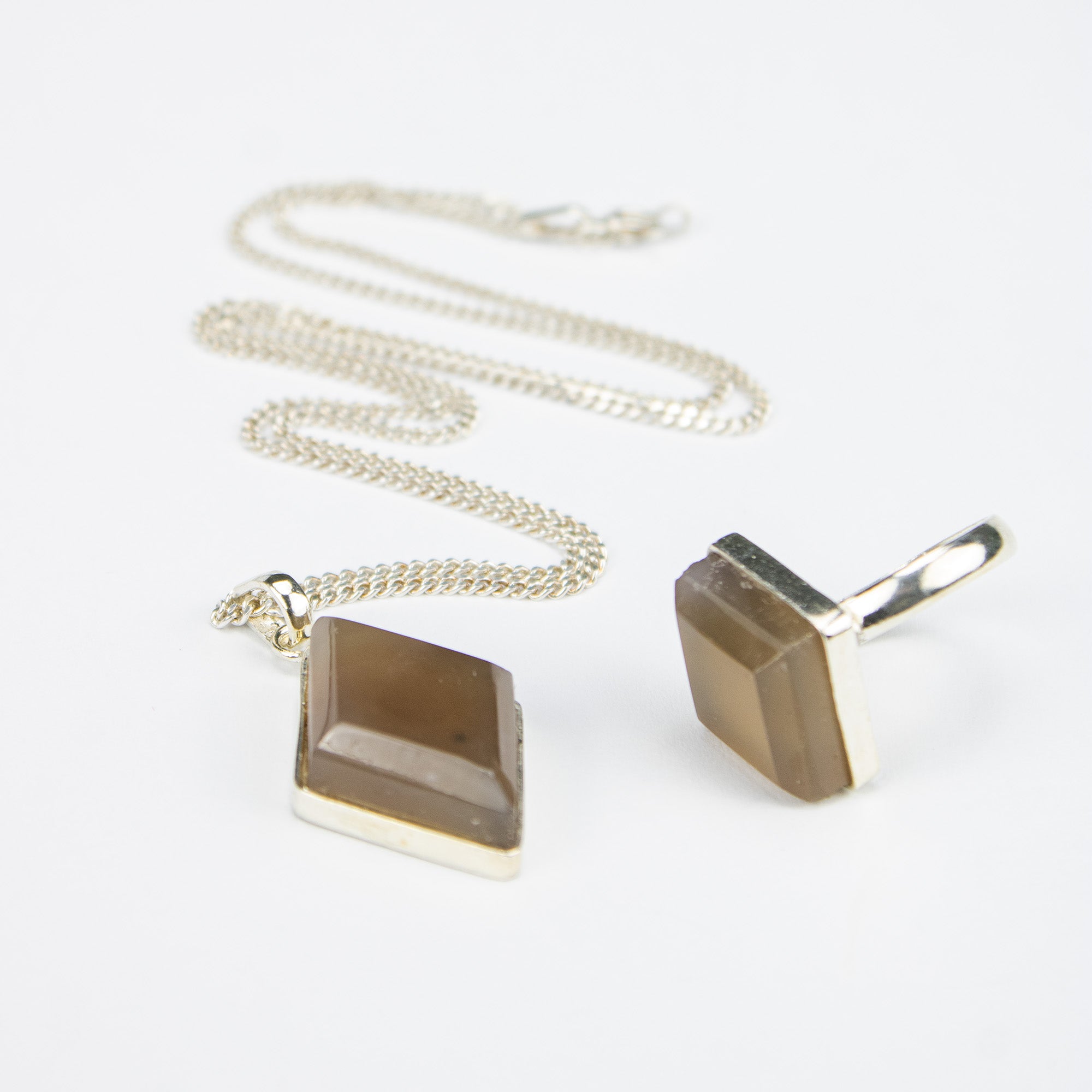 Smoky Brown Agate Jewelry Set in 925 Silver – Geometric Pendant & Ring Set – Size 18 mm