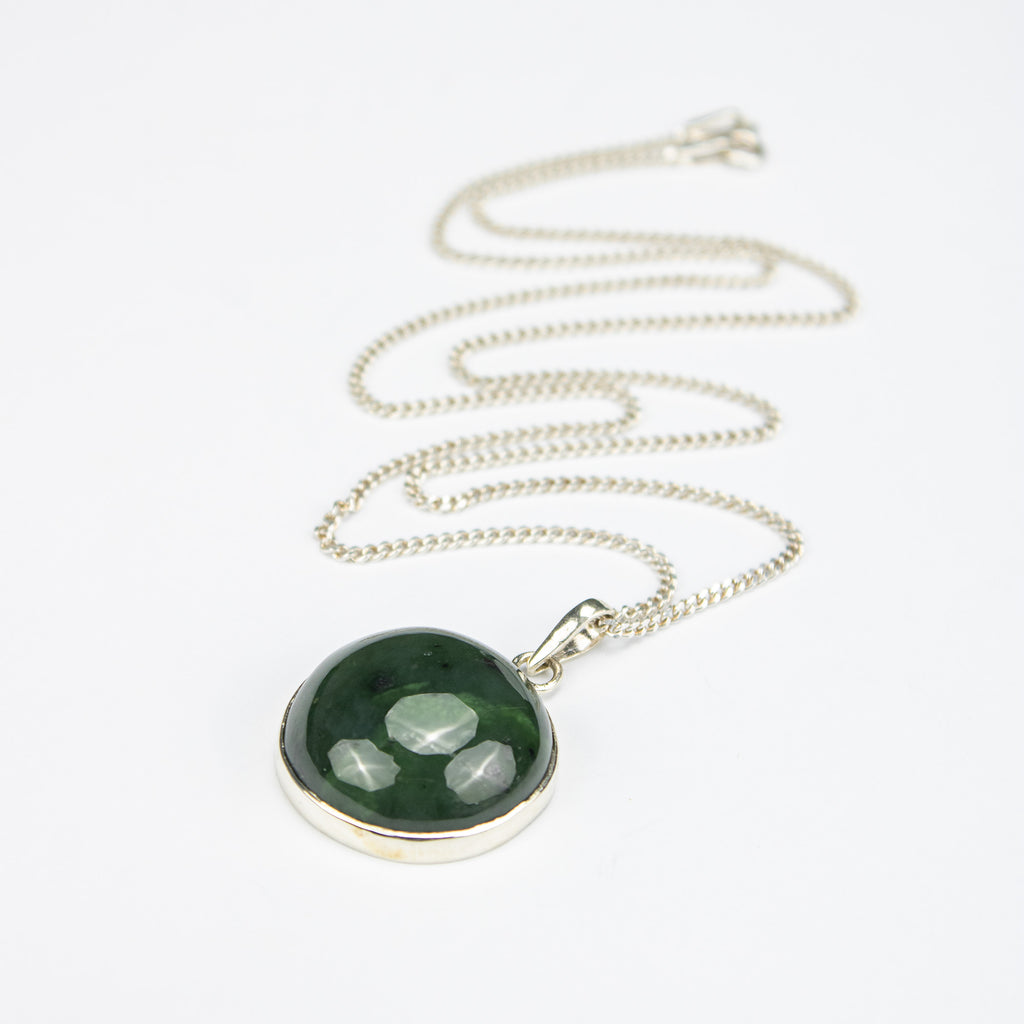 Green Nephrite Jewelry Set in 925 Silver – Round Pendant & Ring Set – Size 18 mm