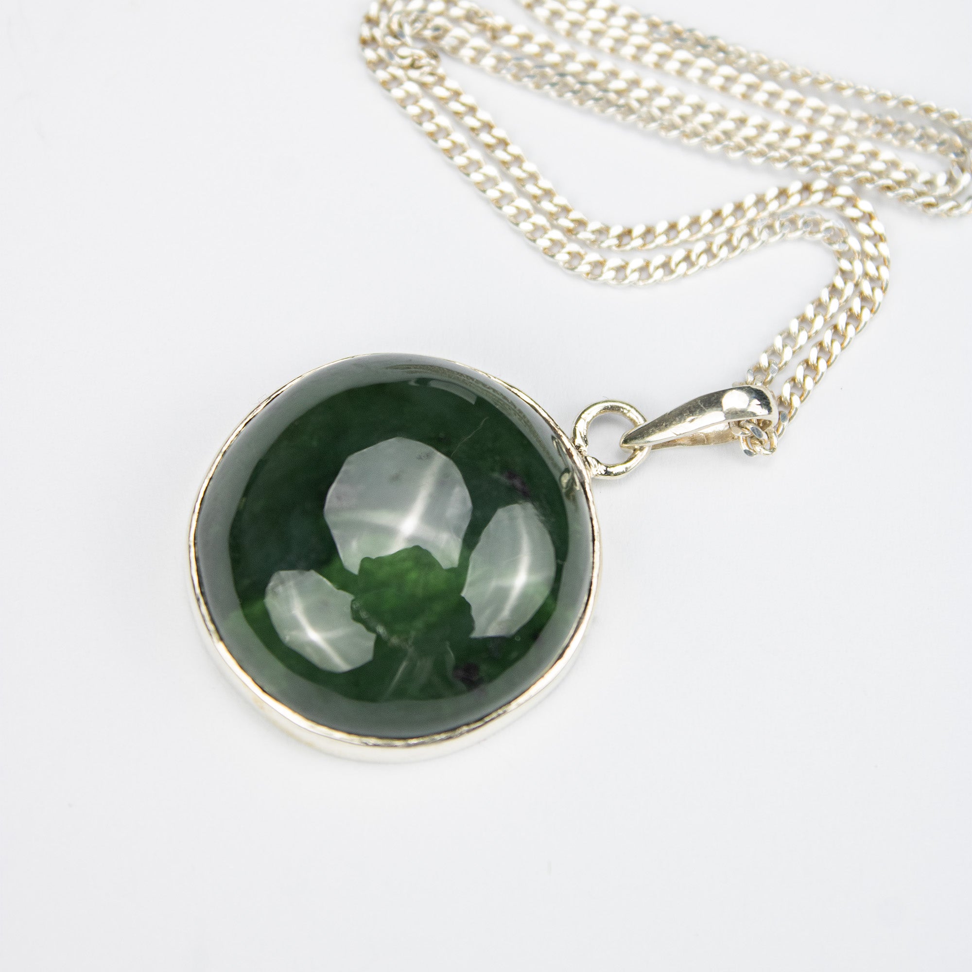 Green Nephrite Jewelry Set in 925 Silver – Round Pendant & Ring Set – Size 18 mm