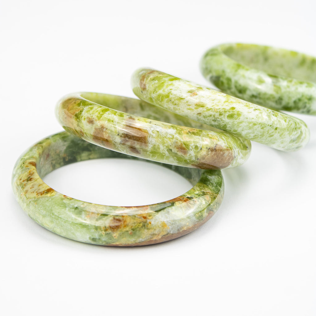 Natural Serpentine Jade Bangle – Afghan Green & Yellow Gemstone Bracelet  – Solid Stone – A Grade