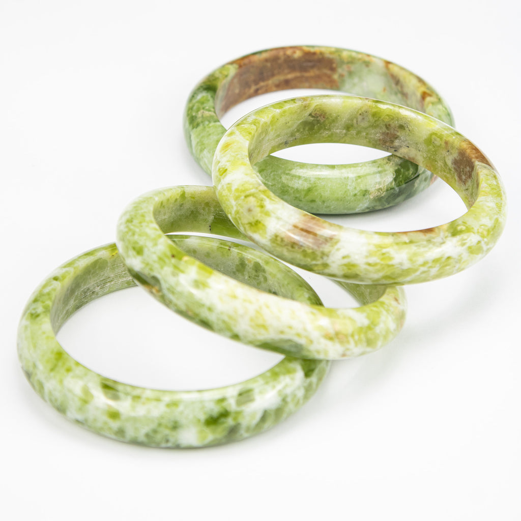 Natural Serpentine Jade Bangle – Afghan Green & Yellow Gemstone Bracelet  – Solid Stone – A Grade