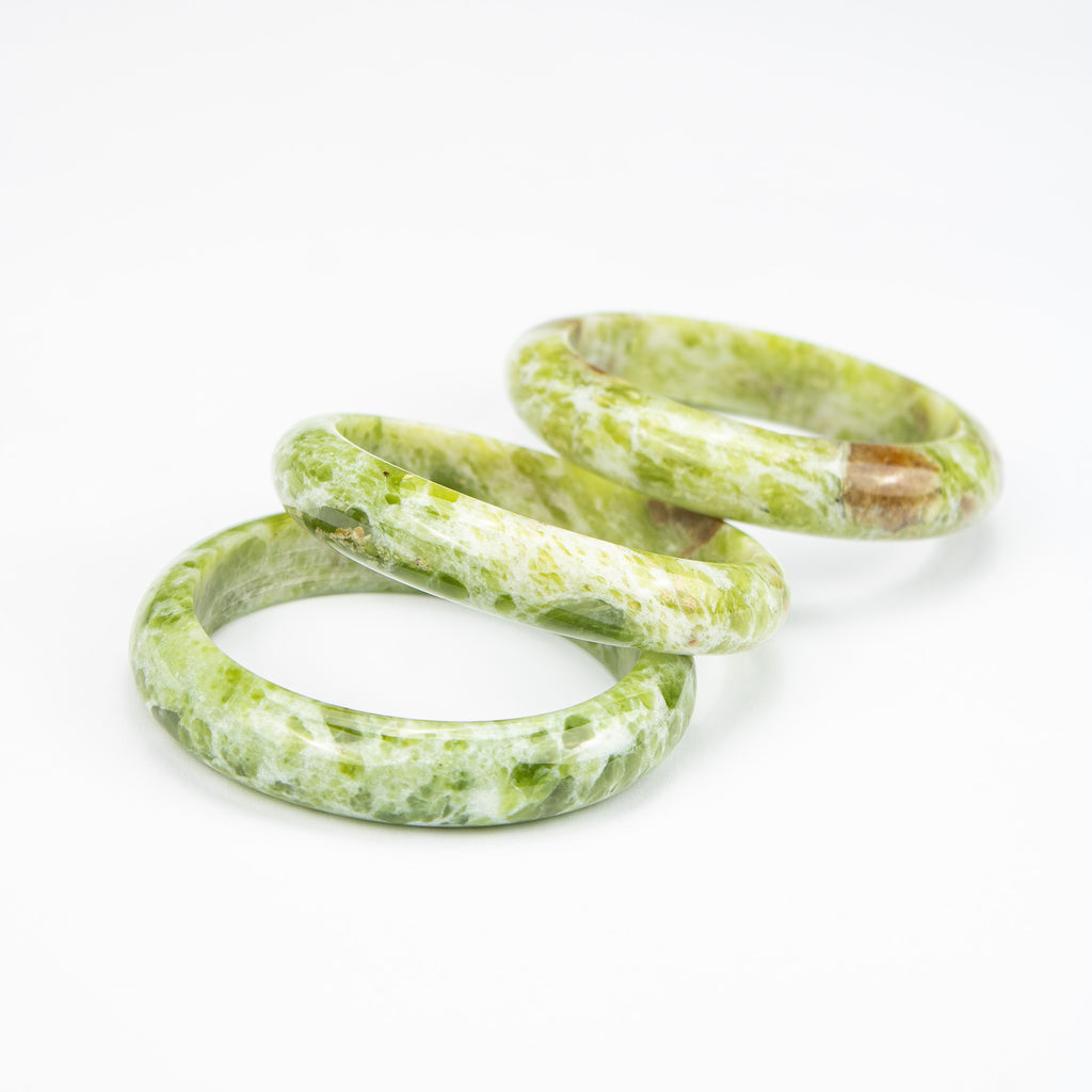 Natural Serpentine Jade Bangle – Afghan Green & Yellow Gemstone Bracelet  – Solid Stone – A Grade