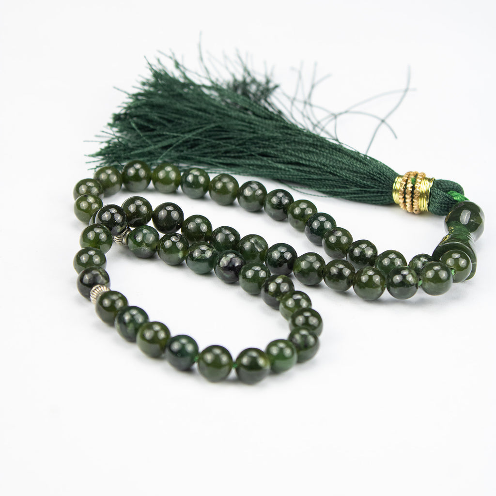 Afghan Nephrite Jade Prayer Beads – 51 Bead Dark Green Tasbih Handmade Natural Stone Misbaha