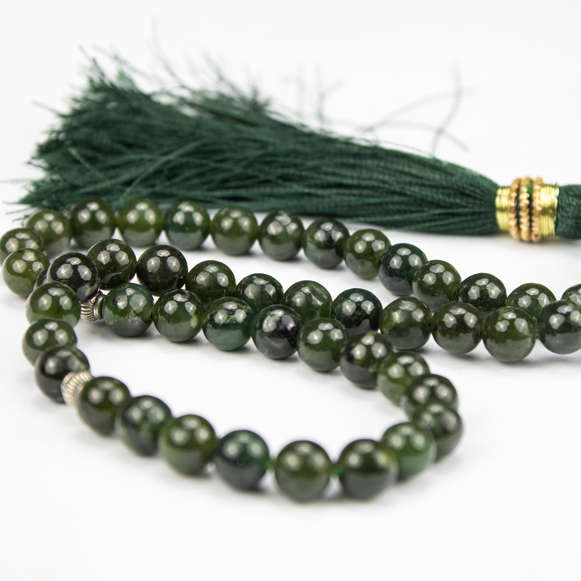 Afghan Nephrite Jade Prayer Beads – 51 Bead Dark Green Tasbih Handmade Natural Stone Misbaha