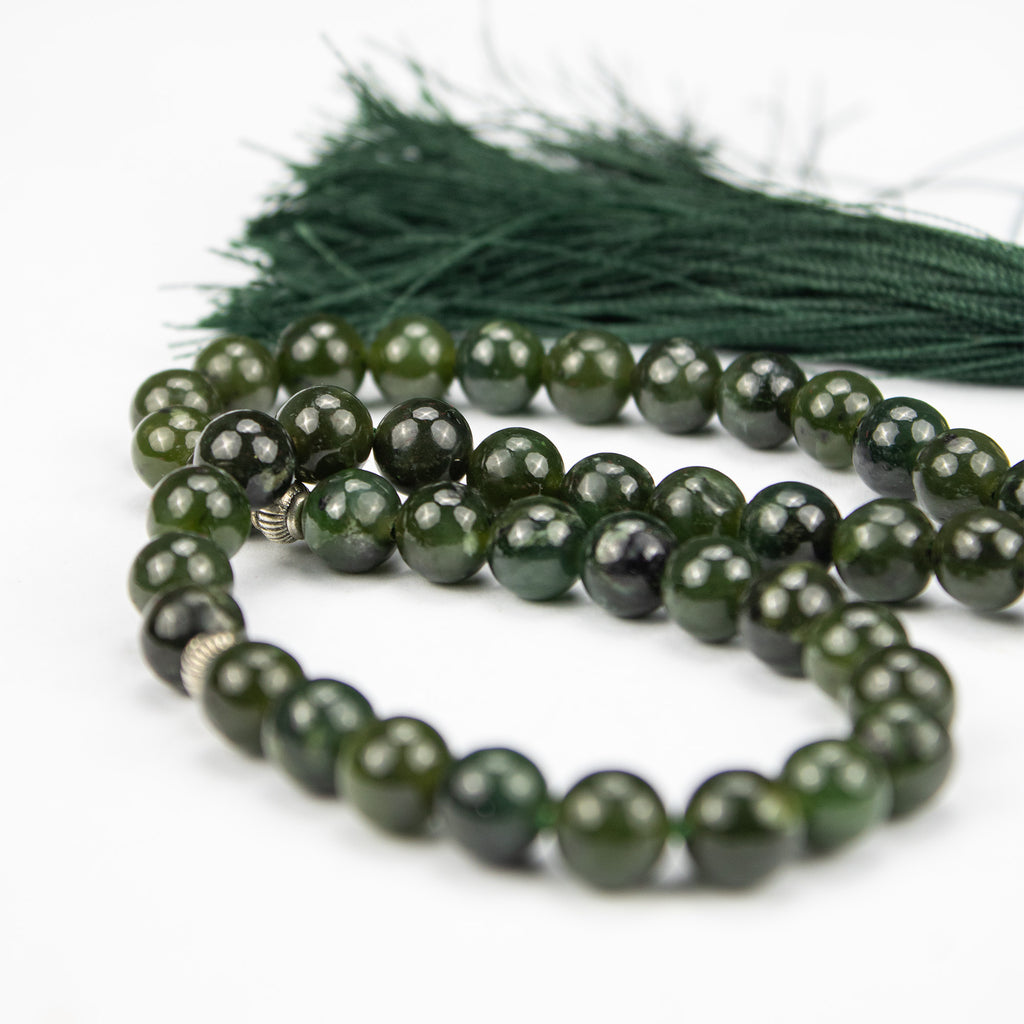 Afghan Nephrite Jade Prayer Beads – 51 Bead Dark Green Tasbih Handmade Natural Stone Misbaha