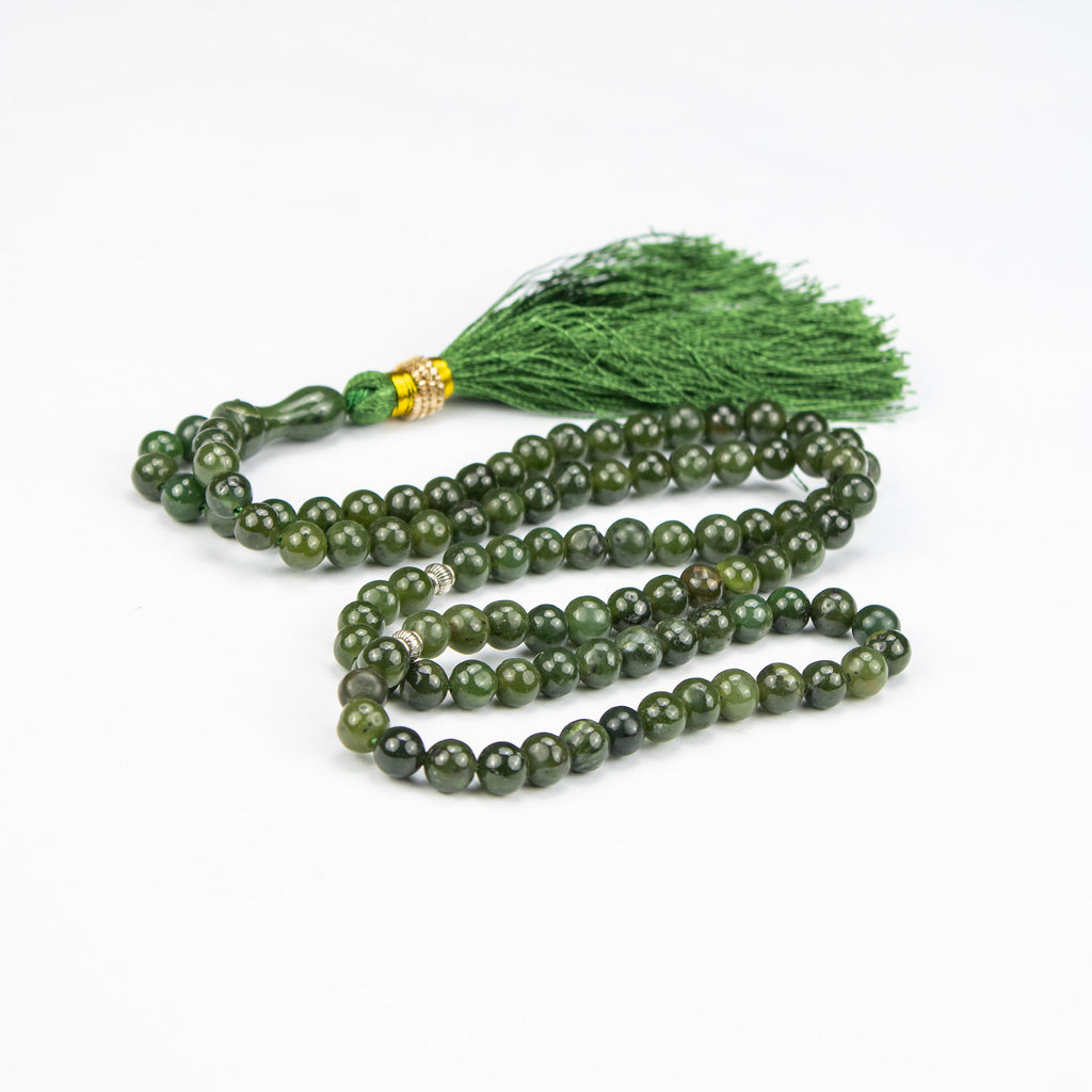 Afghan Nephrite Jade Tasbih 100 Beads – Natural Dark Green Prayer Beads Handmade Premium Misbaha