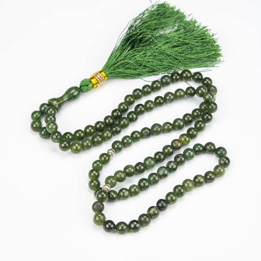 Afghan Nephrite Jade Tasbih 100 Beads – Natural Dark Green Prayer Beads Handmade Premium Misbaha