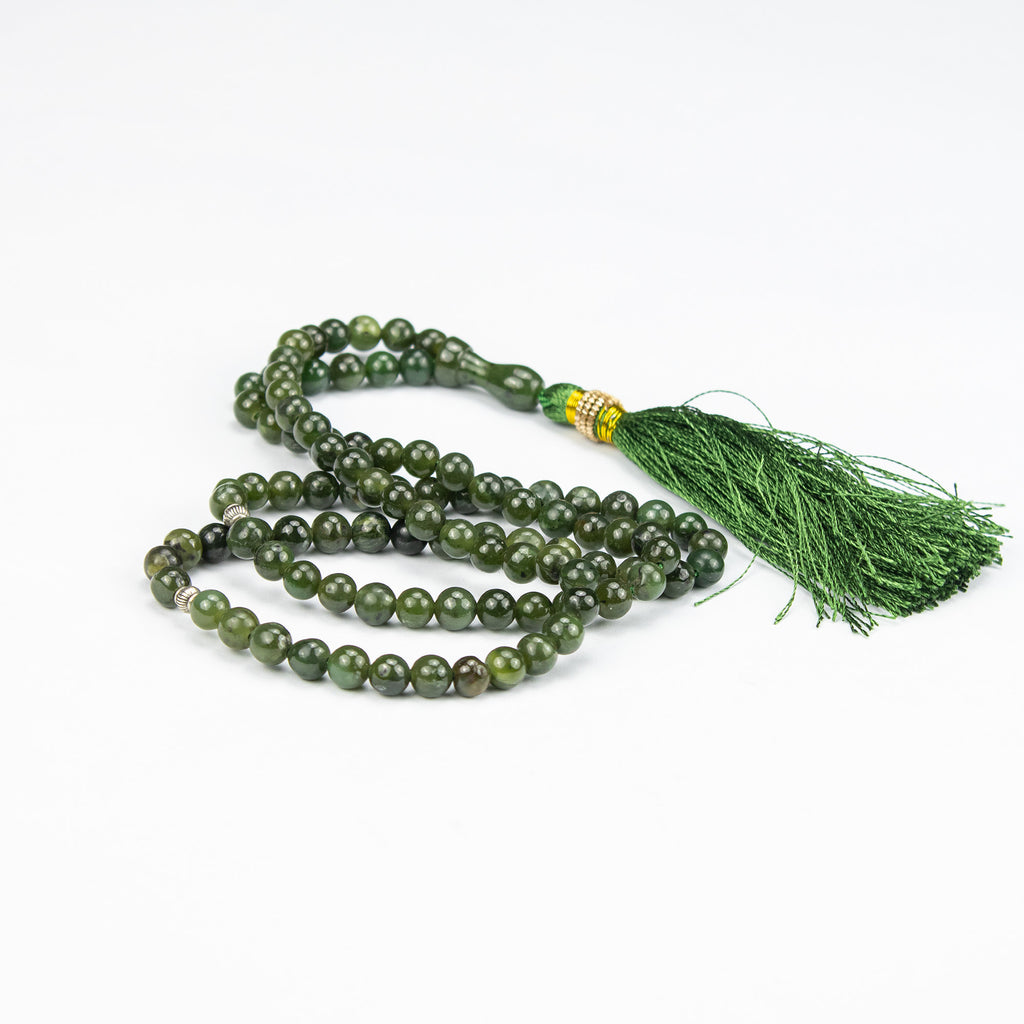 Afghan Nephrite Jade Tasbih 100 Beads – Natural Dark Green Prayer Beads Handmade Premium Misbaha