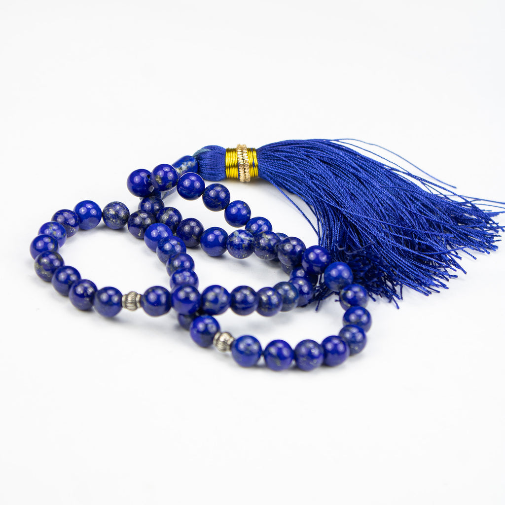 Afghan Lapis Lazuli Tasbih 51 Beads – Natural Blue Gemstone Prayer Beads with Pyrite – Handmade Misbaha