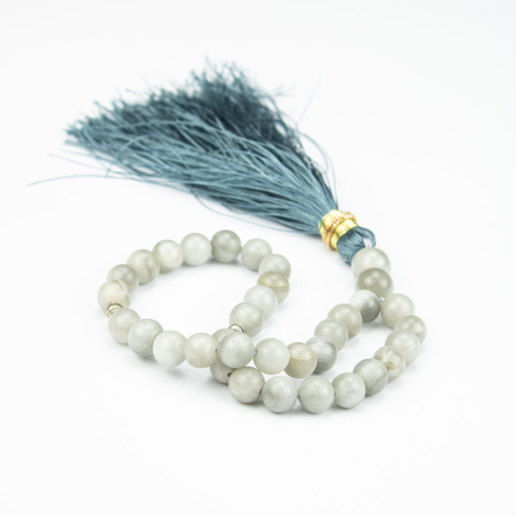 Afghan Smoky Calcite Tasbih 35 Beads – Natural Light Stone Prayer Beads – Handmade Elegant Misbaha