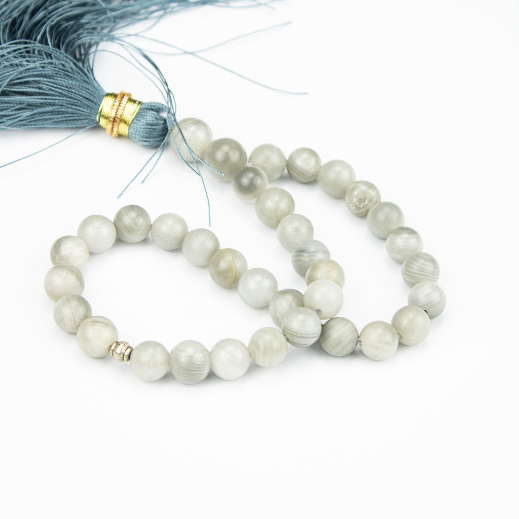 Afghan Smoky Calcite Tasbih 35 Beads – Natural Light Stone Prayer Beads – Handmade Elegant Misbaha