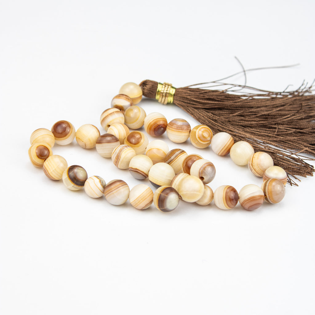 Banded Honey Onyx Tasbih 35 Beads – Natural Multi-Tone Prayer Beads – Handmade 12mm Misbaha