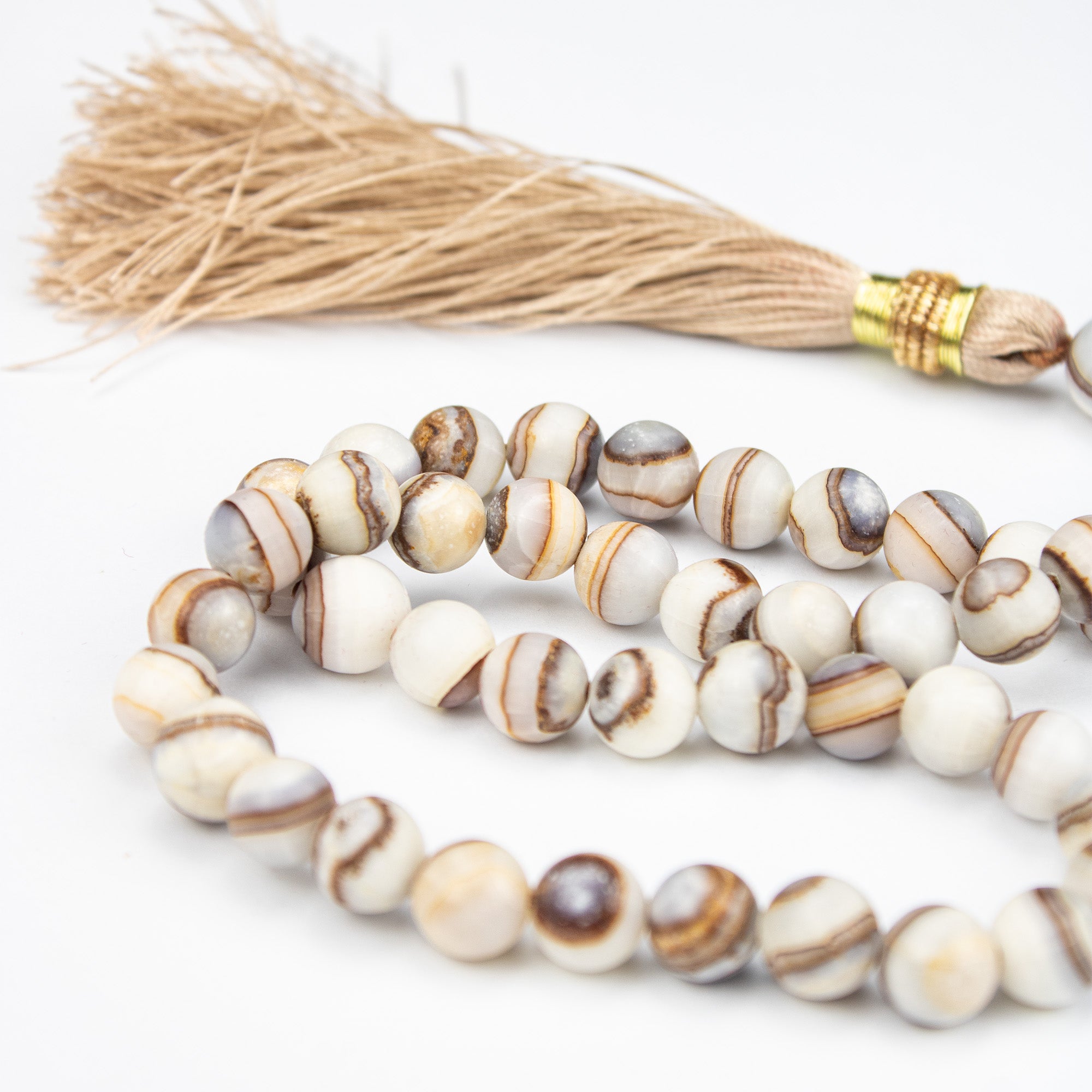 Light Banded Honey Onyx Tasbih 35 Beads – Natural Cream Brown Prayer Beads – Handmade 12mm Misbaha