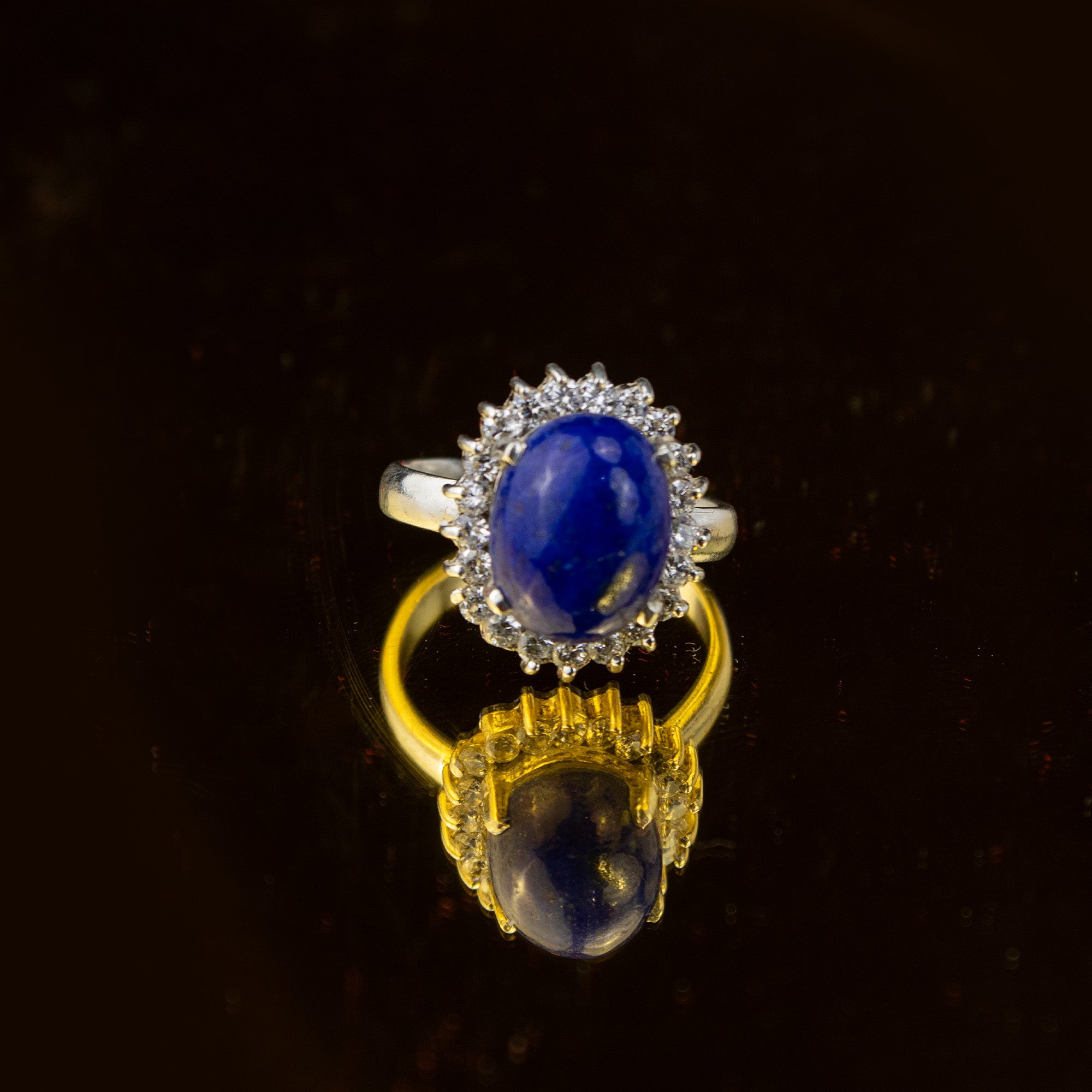 Afghan Lapis Lazuli Halo Ring with Zircon in 925 Sterling Silver – Natural Blue Gemstone Ring – Size 18 mm