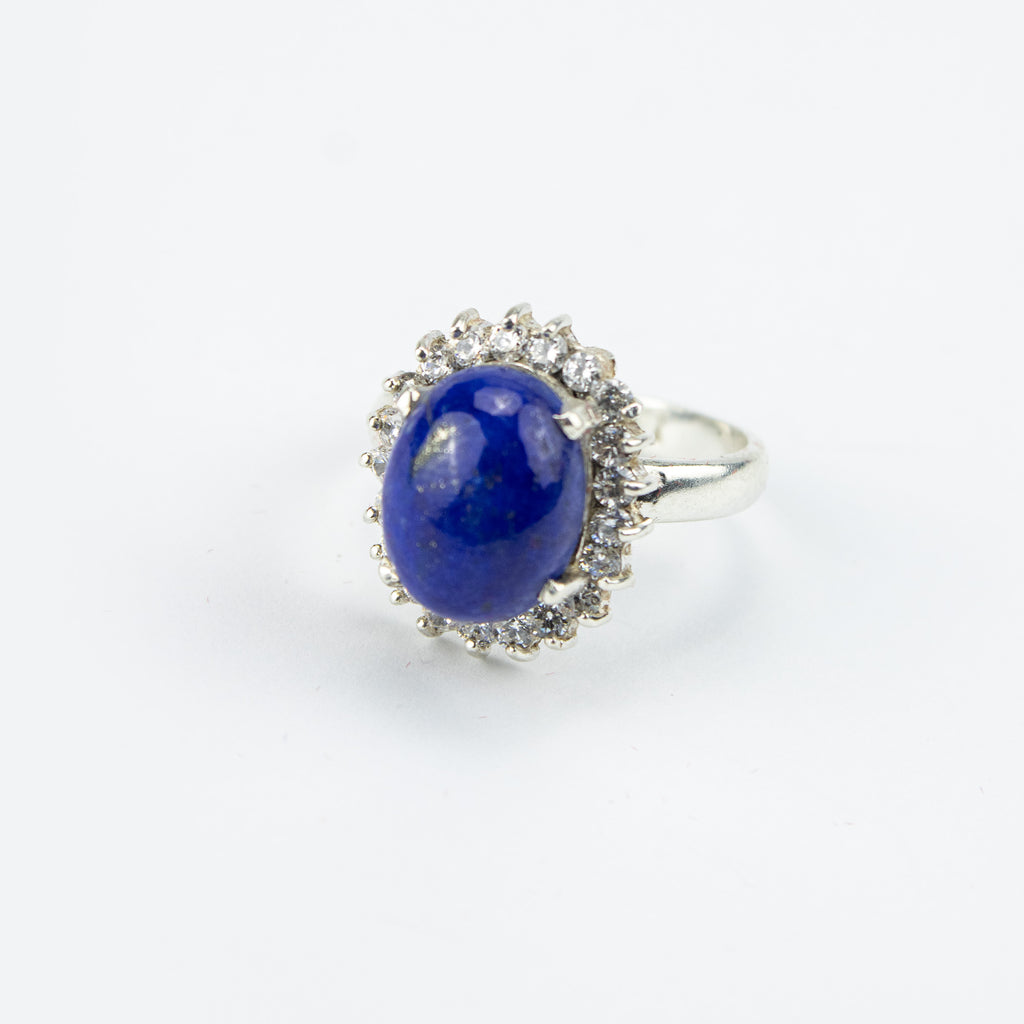 Afghan Lapis Lazuli Halo Ring with Zircon in 925 Sterling Silver – Natural Blue Gemstone Ring – Size 18 mm
