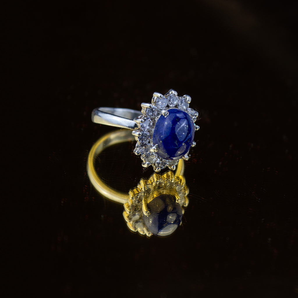Afghan Lapis Lazuli Halo Ring with Zircon in 925 Sterling Silver – Natural Blue Gemstone Ring – Size 17 mm
