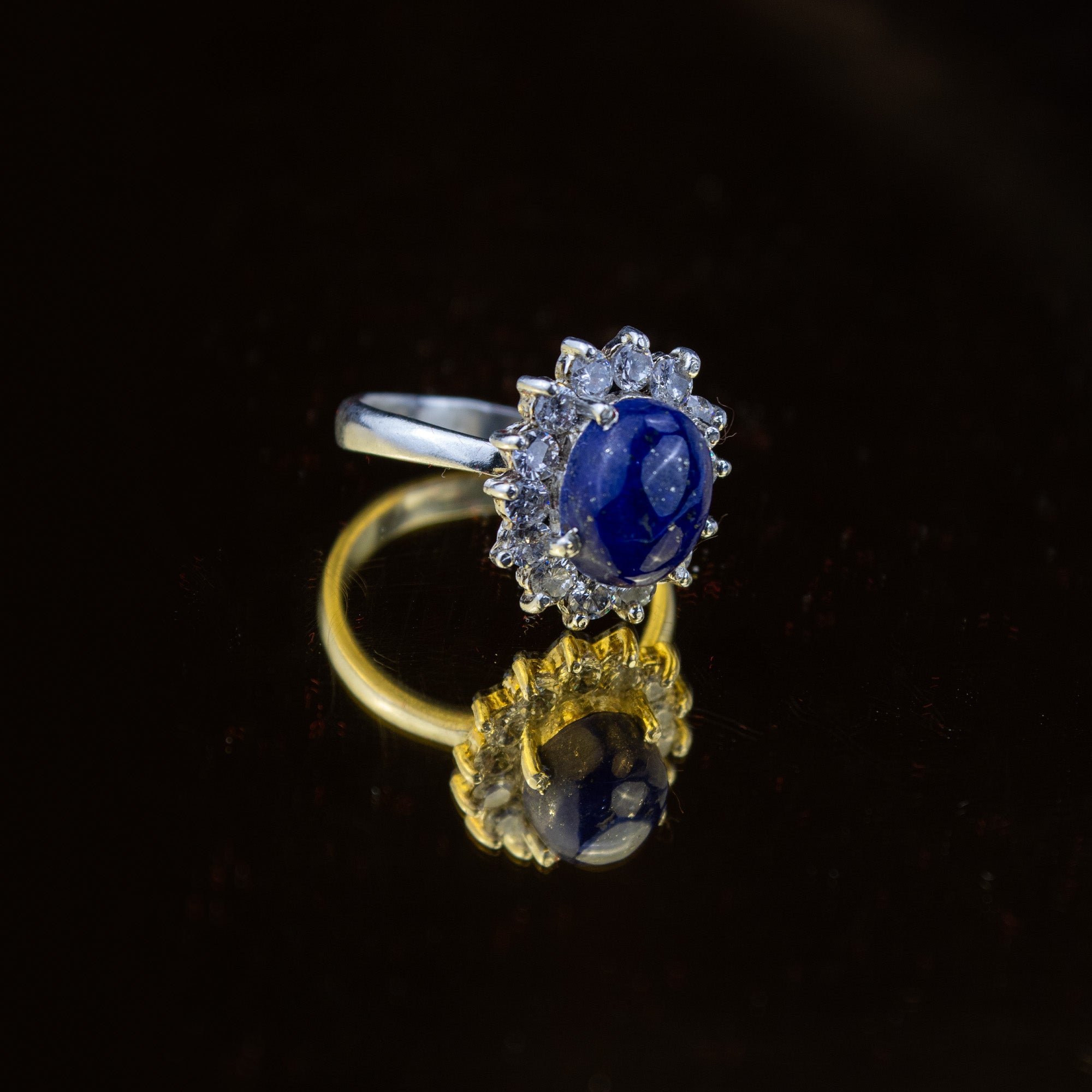 Afghan Lapis Lazuli Halo Ring with Zircon in 925 Sterling Silver – Natural Blue Gemstone Ring – Size 17 mm