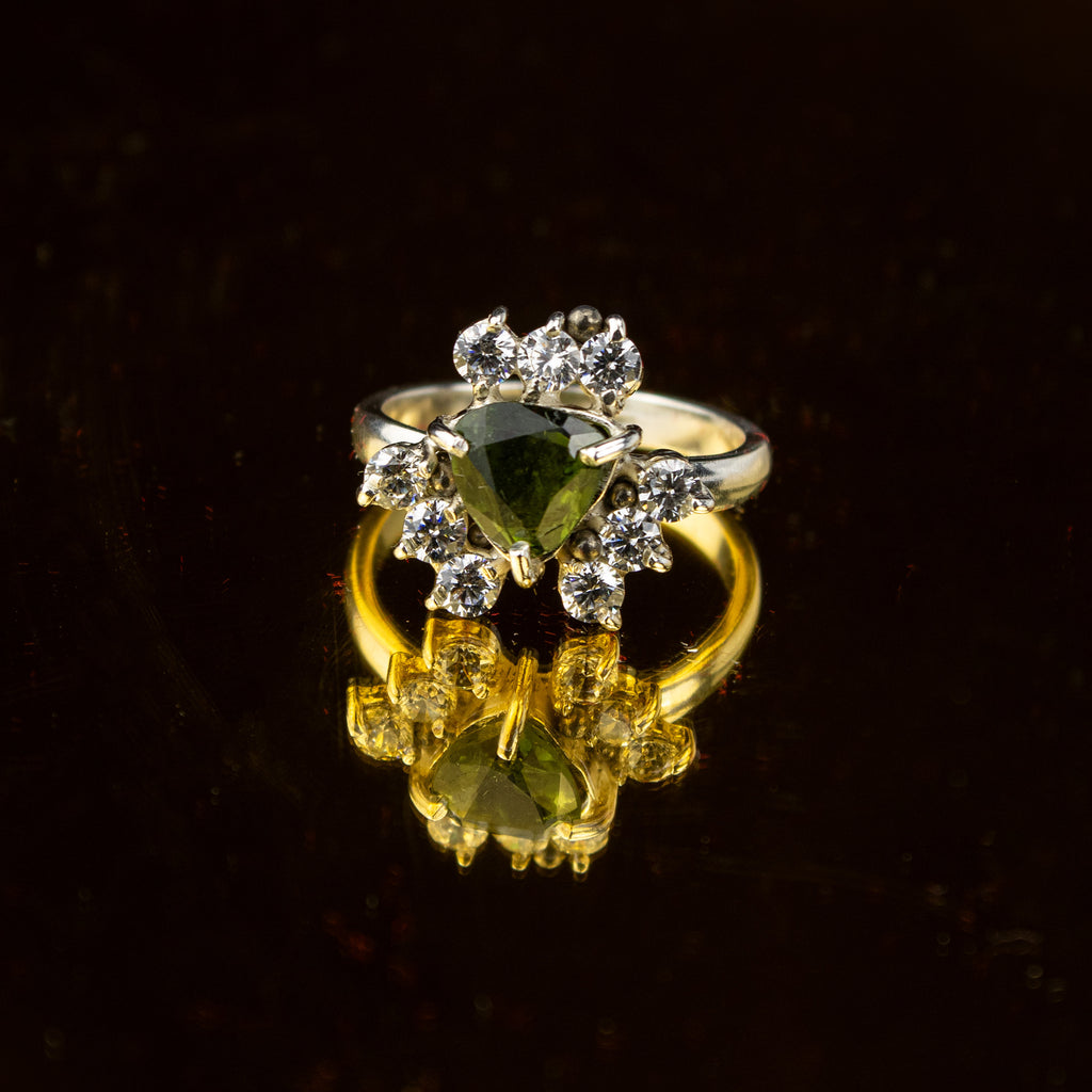 Afghan Forest Green Tourmaline Halo Ring with Zircon in 925 Sterling Silver – Natural Gemstone Ring – Size 18 mm