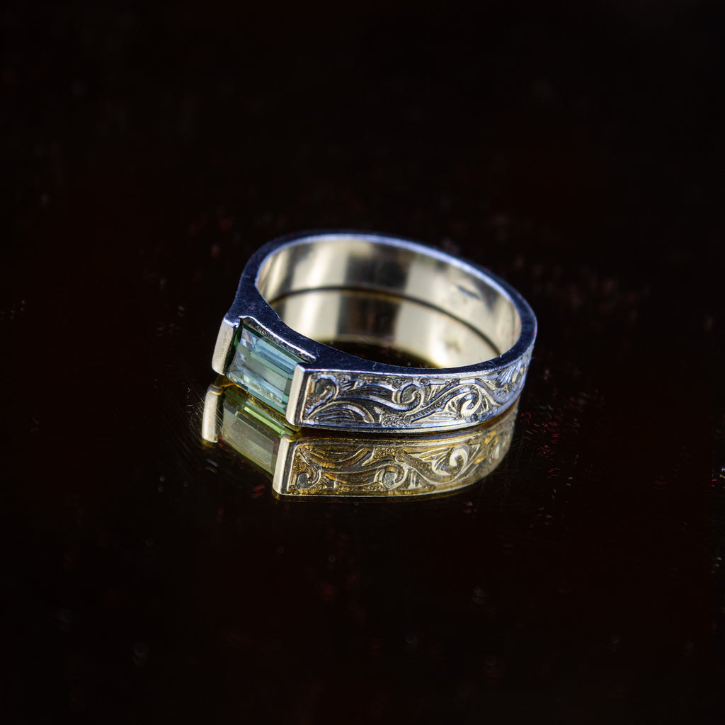 Afghan Forest Green Tourmaline Signet Ring in 925 Sterling Silver – Engraved Band – Natural Gemstone Ring – Size 20 mm