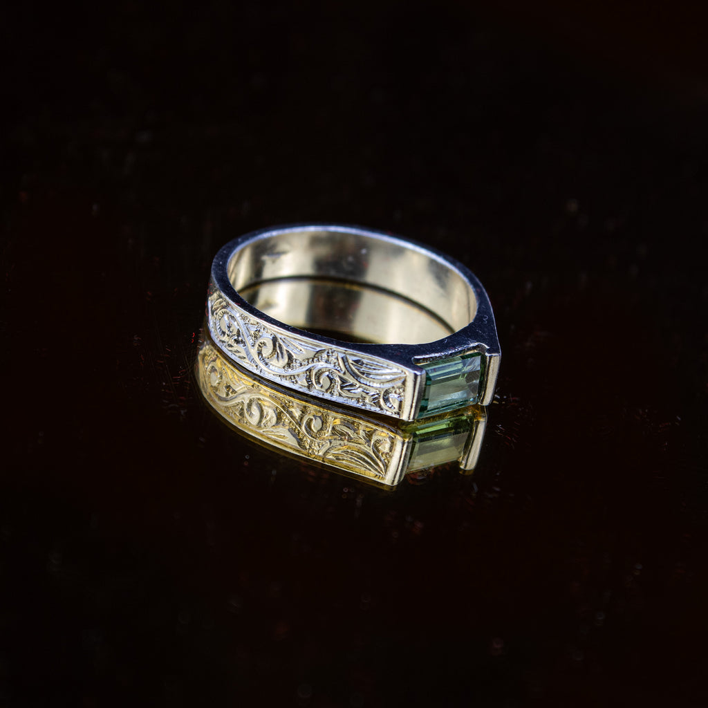 Afghan Forest Green Tourmaline Signet Ring in 925 Sterling Silver – Engraved Band – Natural Gemstone Ring – Size 20 mm